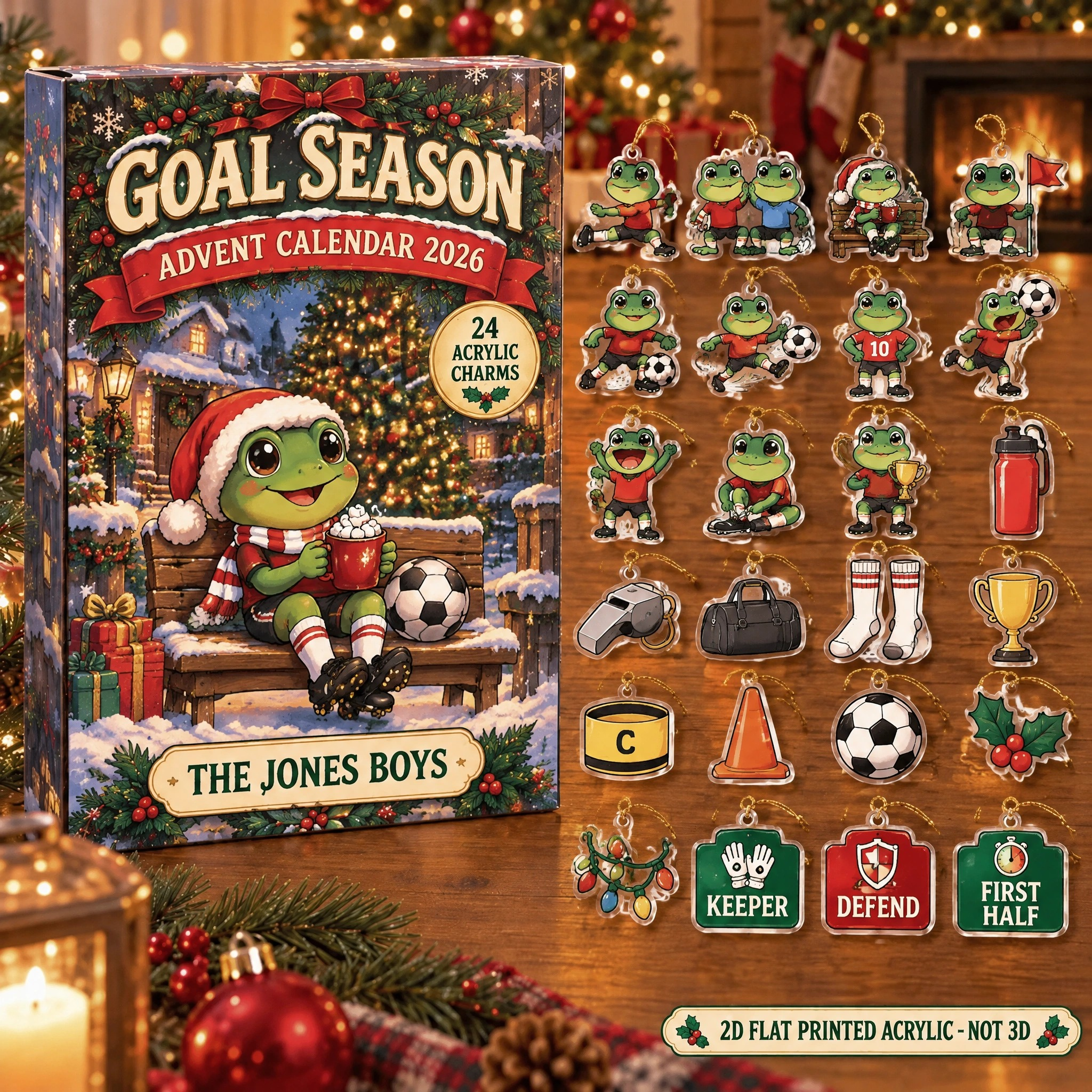 Personalized Soccer Frog advent calendar box with 24 flat acrylic Christmas charms