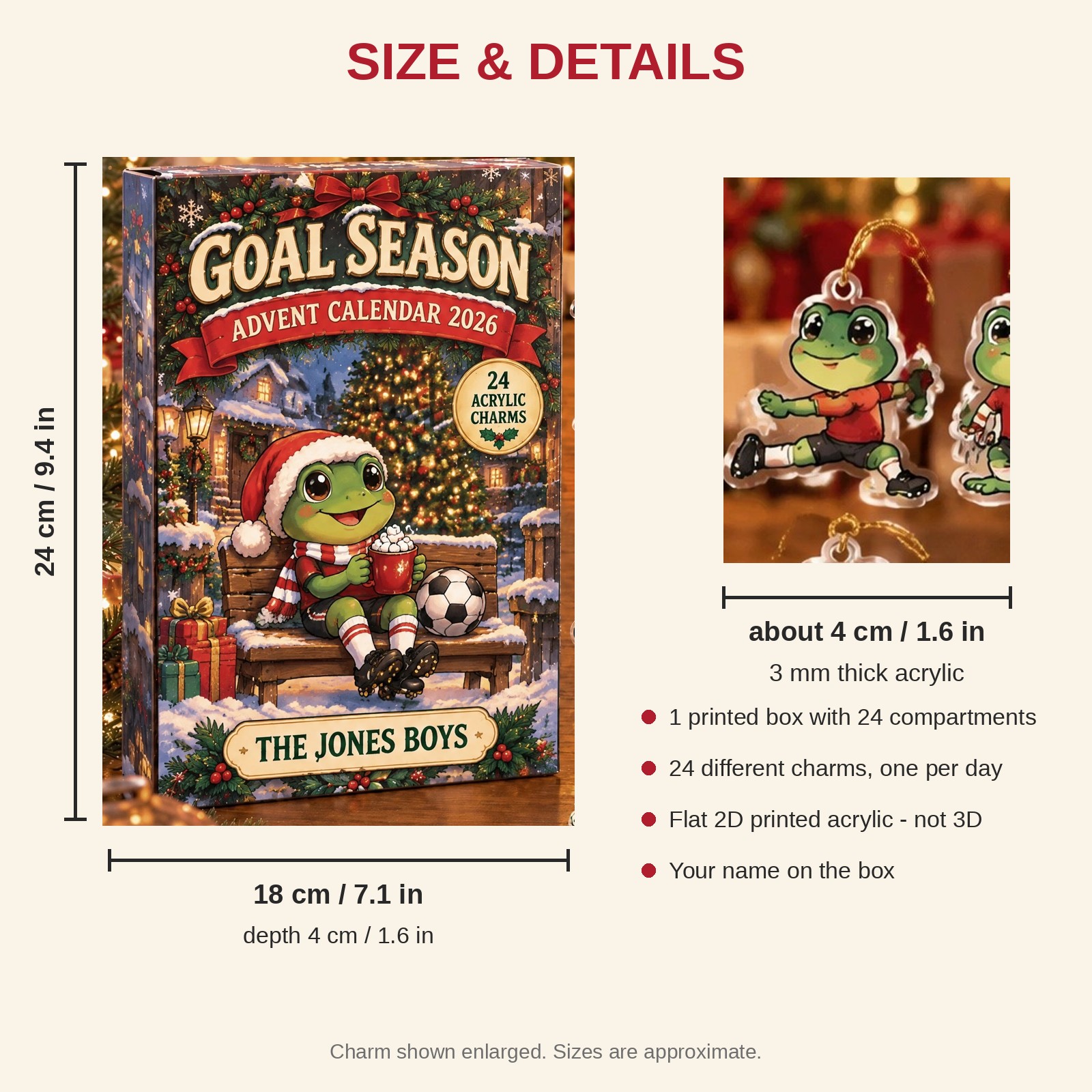 Personalized Soccer Frog advent calendar box with 24 flat acrylic Christmas charms: box and charm sizes