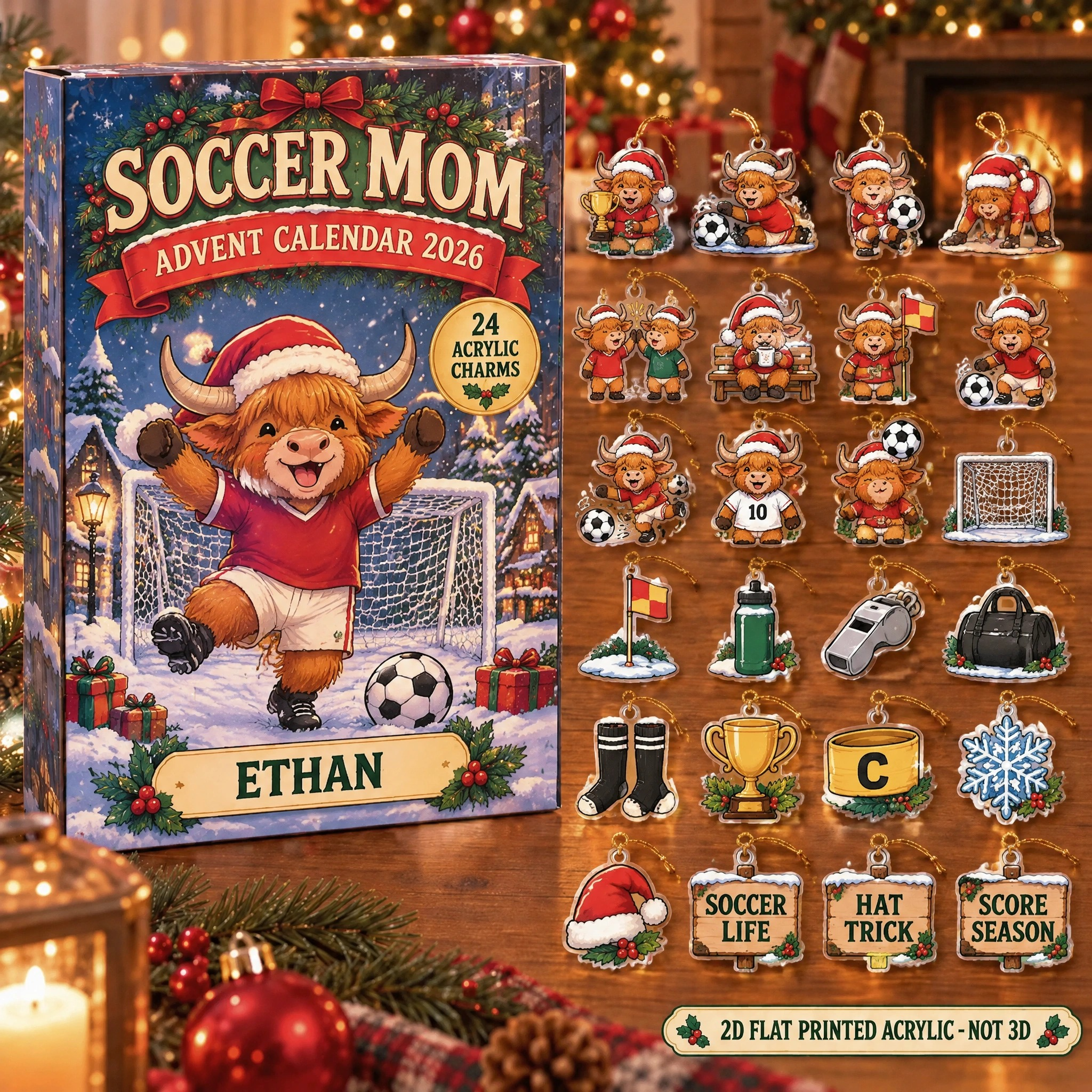 Personalized Soccer Highland Cow advent calendar box with 24 flat acrylic Christmas charms