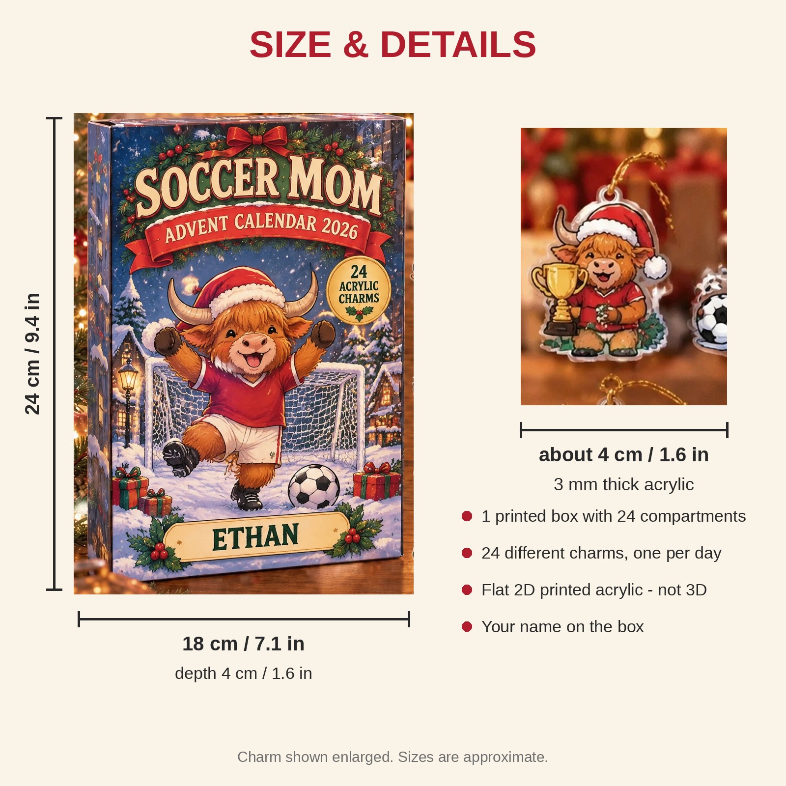 Personalized Soccer Highland Cow advent calendar box with 24 flat acrylic Christmas charms: box and charm sizes