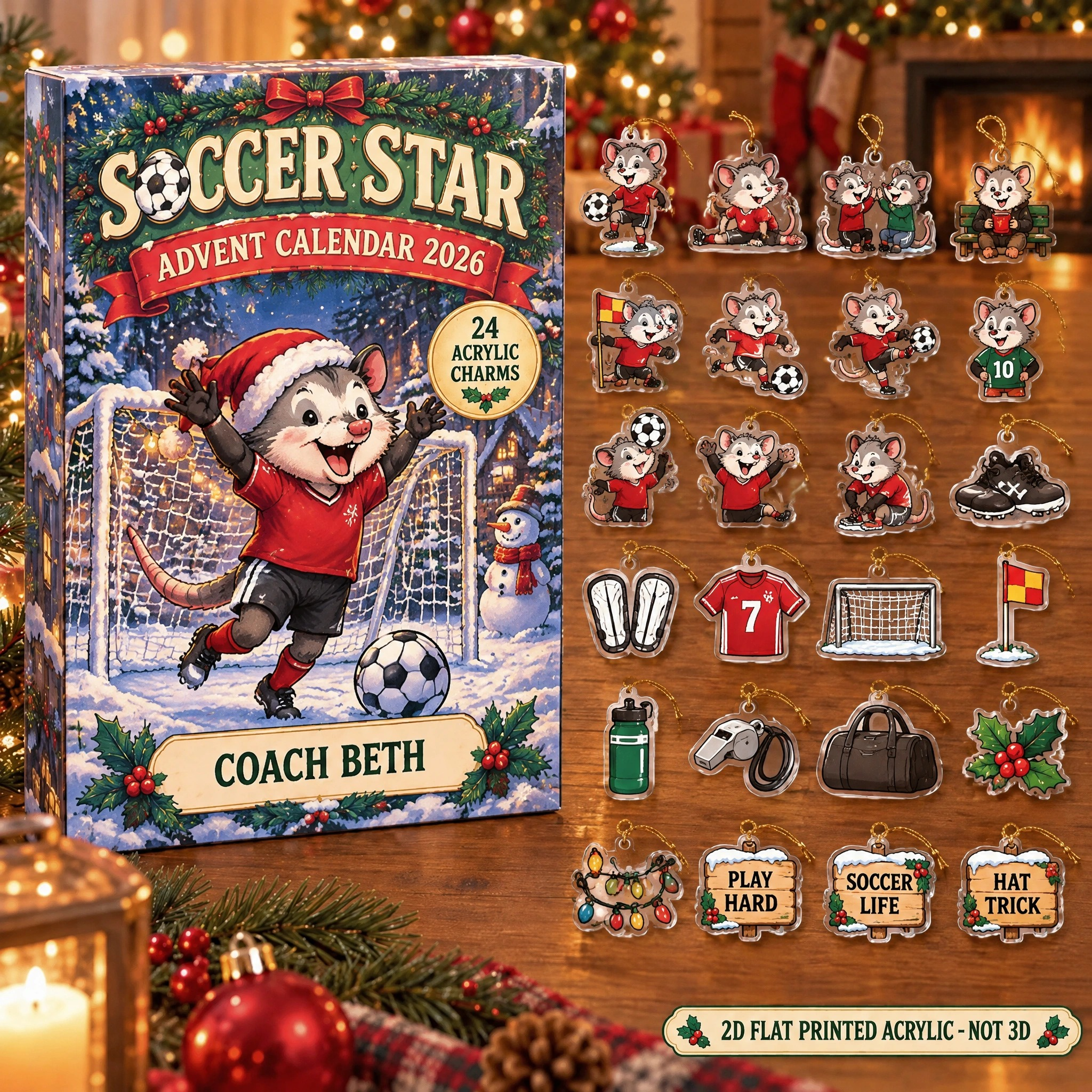 Personalized Soccer Opossum advent calendar box with 24 flat acrylic Christmas charms