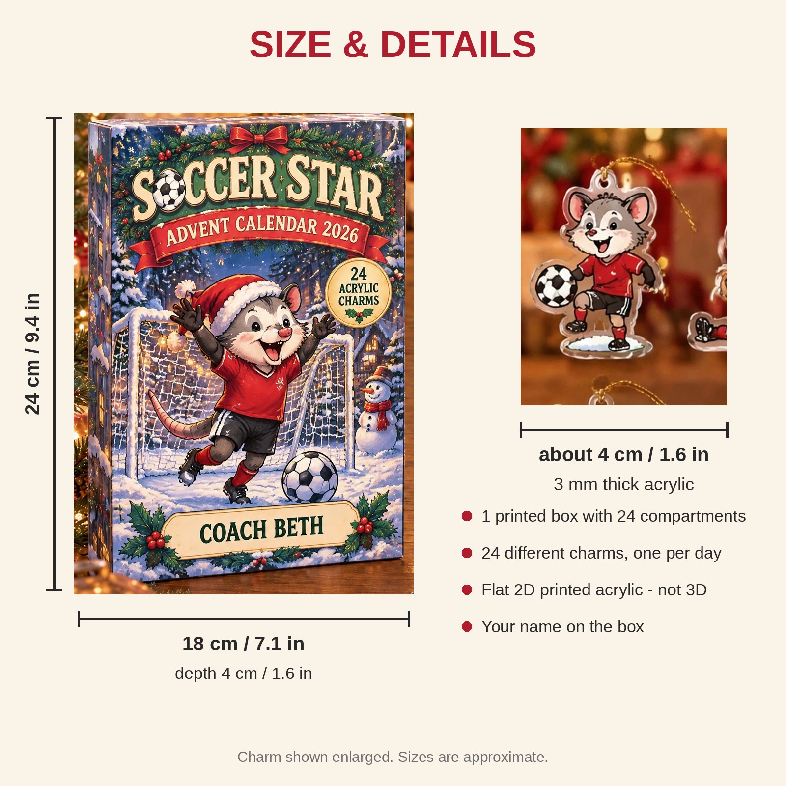 Personalized Soccer Opossum advent calendar box with 24 flat acrylic Christmas charms: box and charm sizes