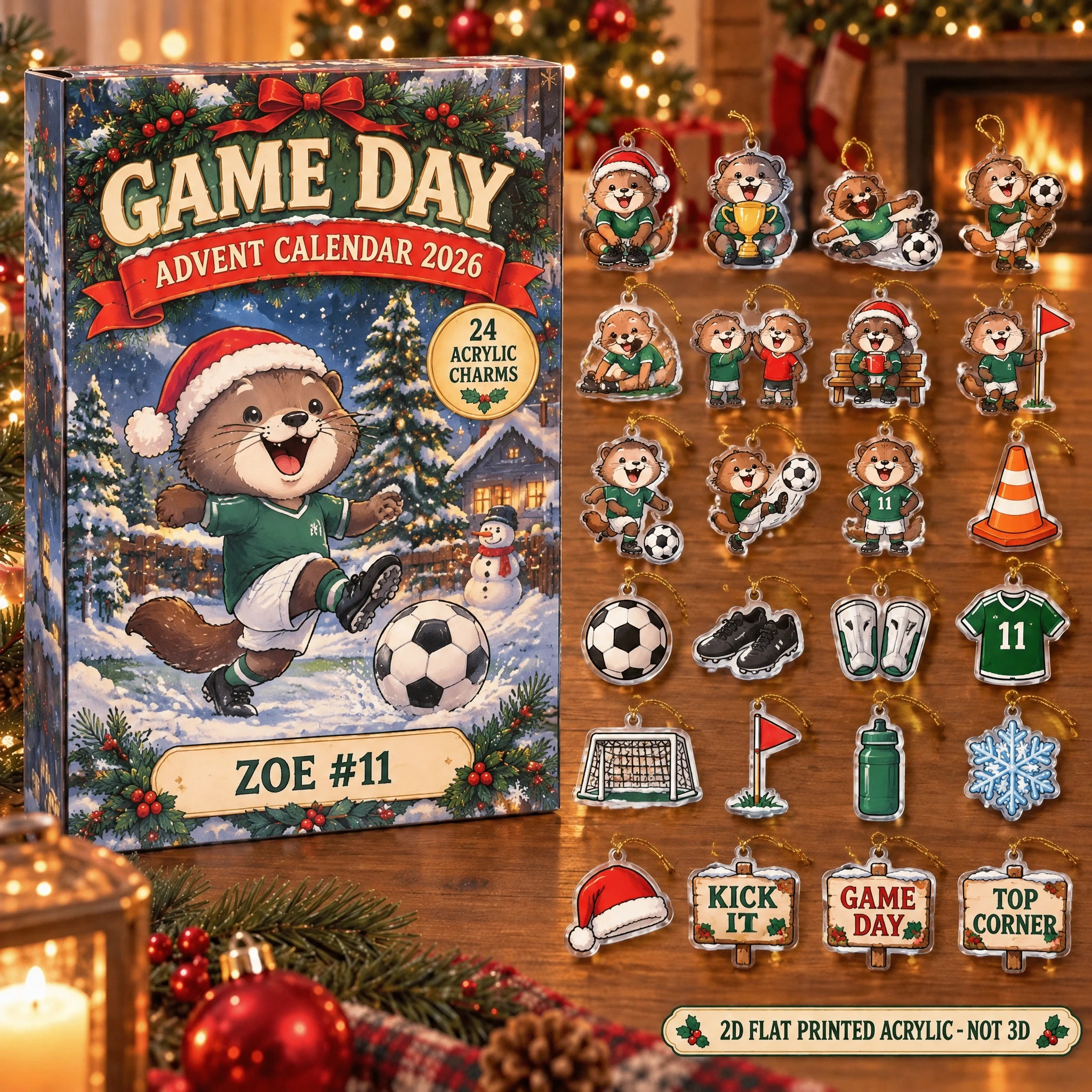 Personalized Soccer Otter advent calendar box with 24 flat acrylic Christmas charms