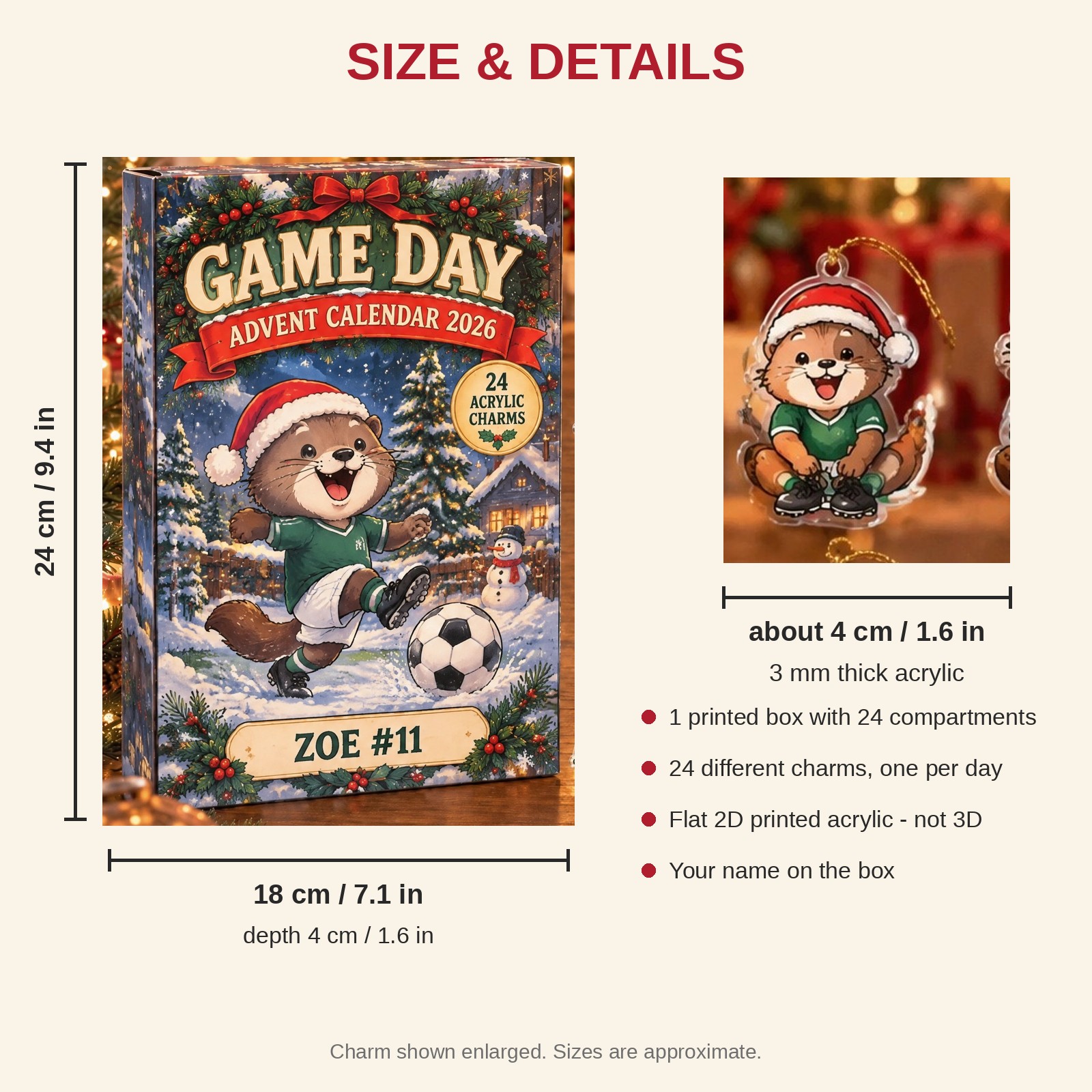 Personalized Soccer Otter advent calendar box with 24 flat acrylic Christmas charms: box and charm sizes
