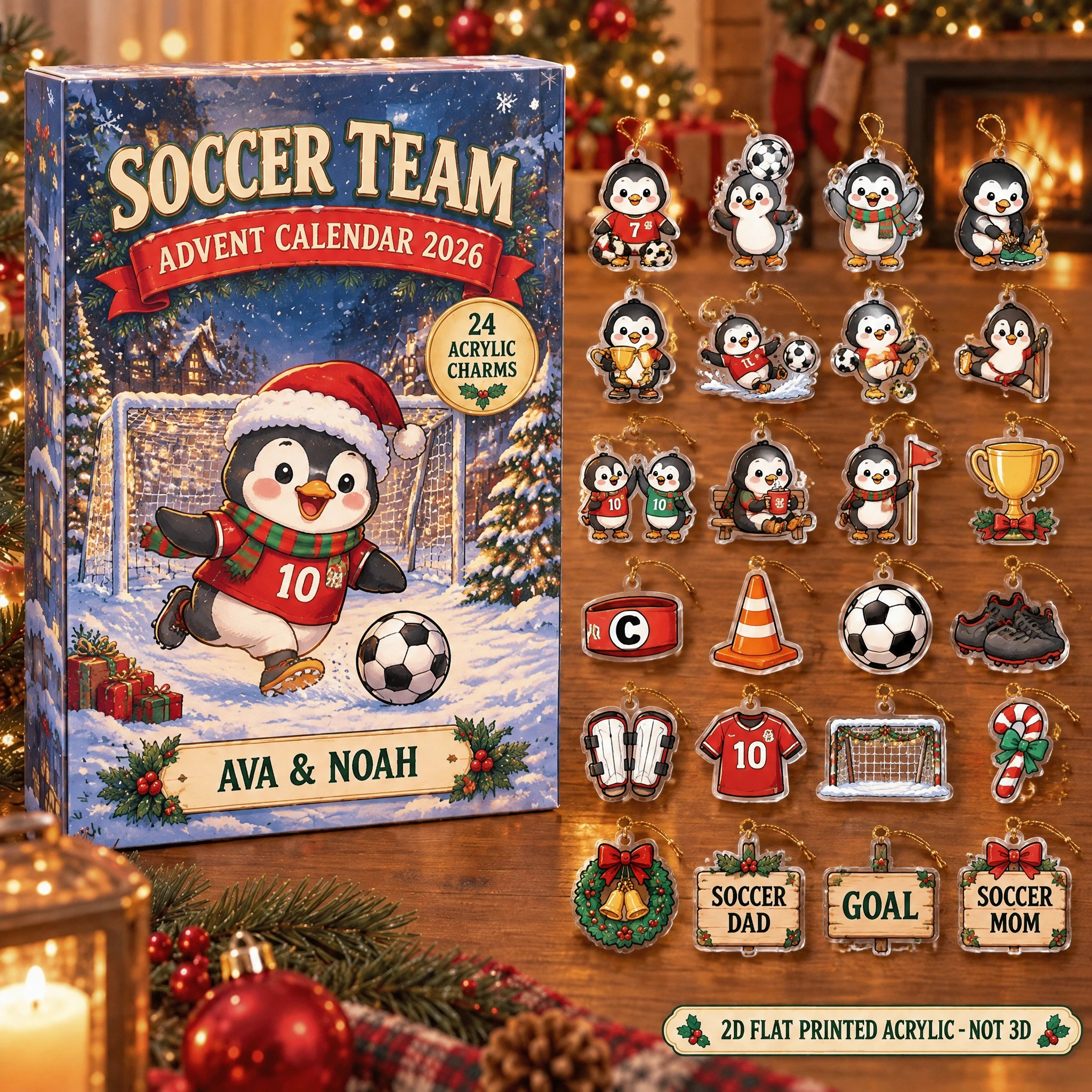 Personalized Soccer Penguin advent calendar box with 24 flat acrylic Christmas charms