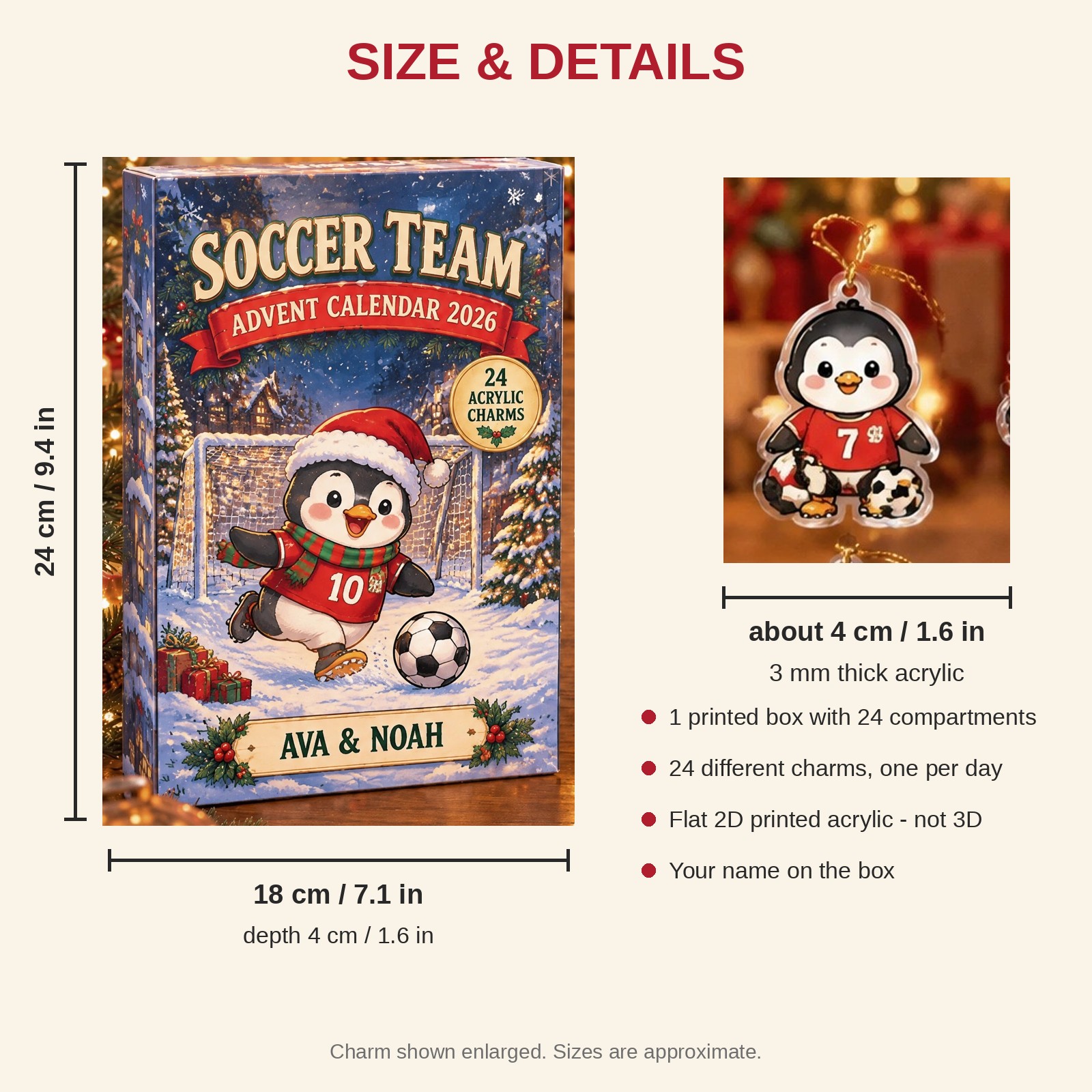 Personalized Soccer Penguin advent calendar box with 24 flat acrylic Christmas charms: box and charm sizes