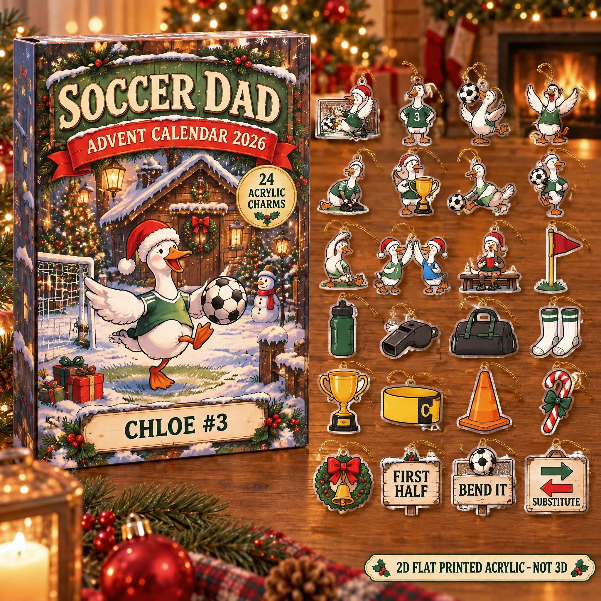 Personalized Soccer Silly Goose advent calendar box with 24 flat acrylic Christmas charms
