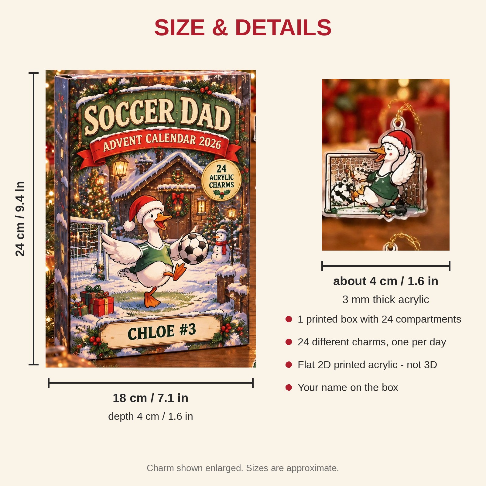 Personalized Soccer Silly Goose advent calendar box with 24 flat acrylic Christmas charms: box and charm sizes
