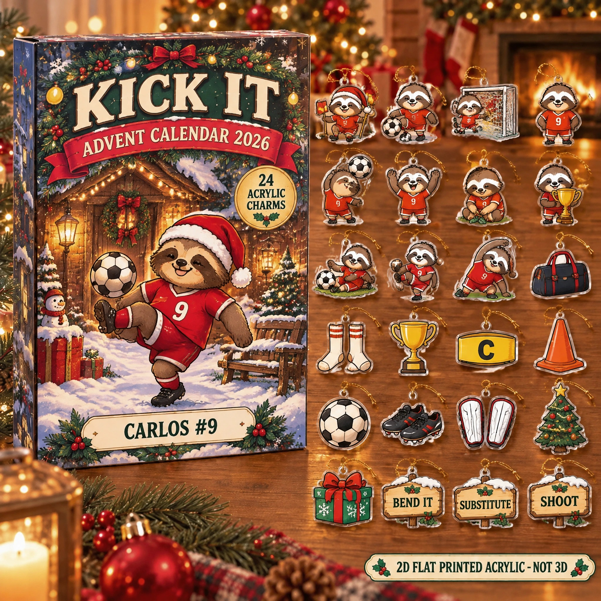 Personalized Soccer Sloth advent calendar box with 24 flat acrylic Christmas charms