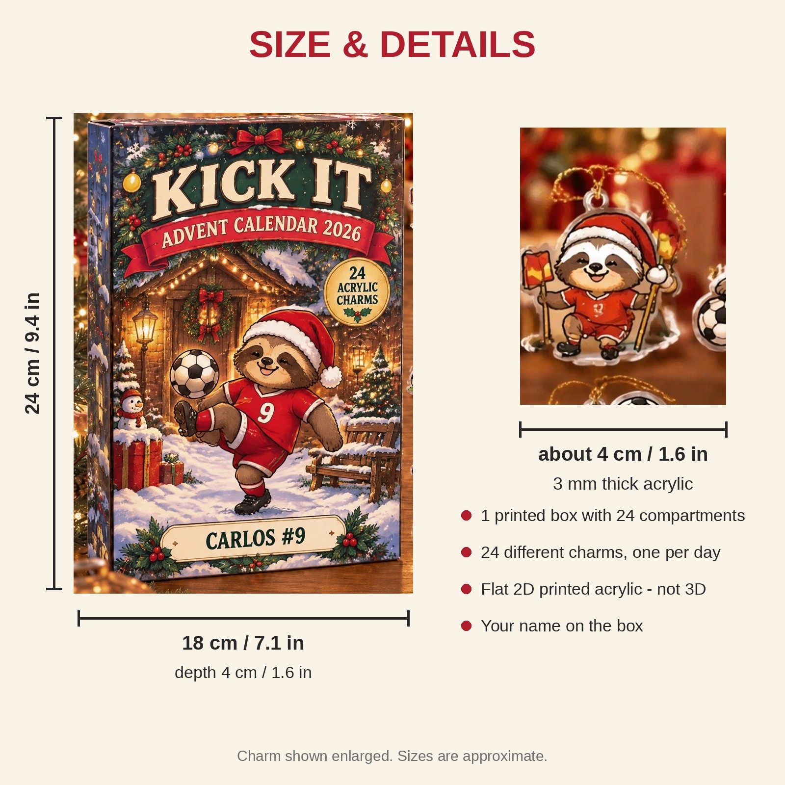 Personalized Soccer Sloth advent calendar box with 24 flat acrylic Christmas charms: box and charm sizes