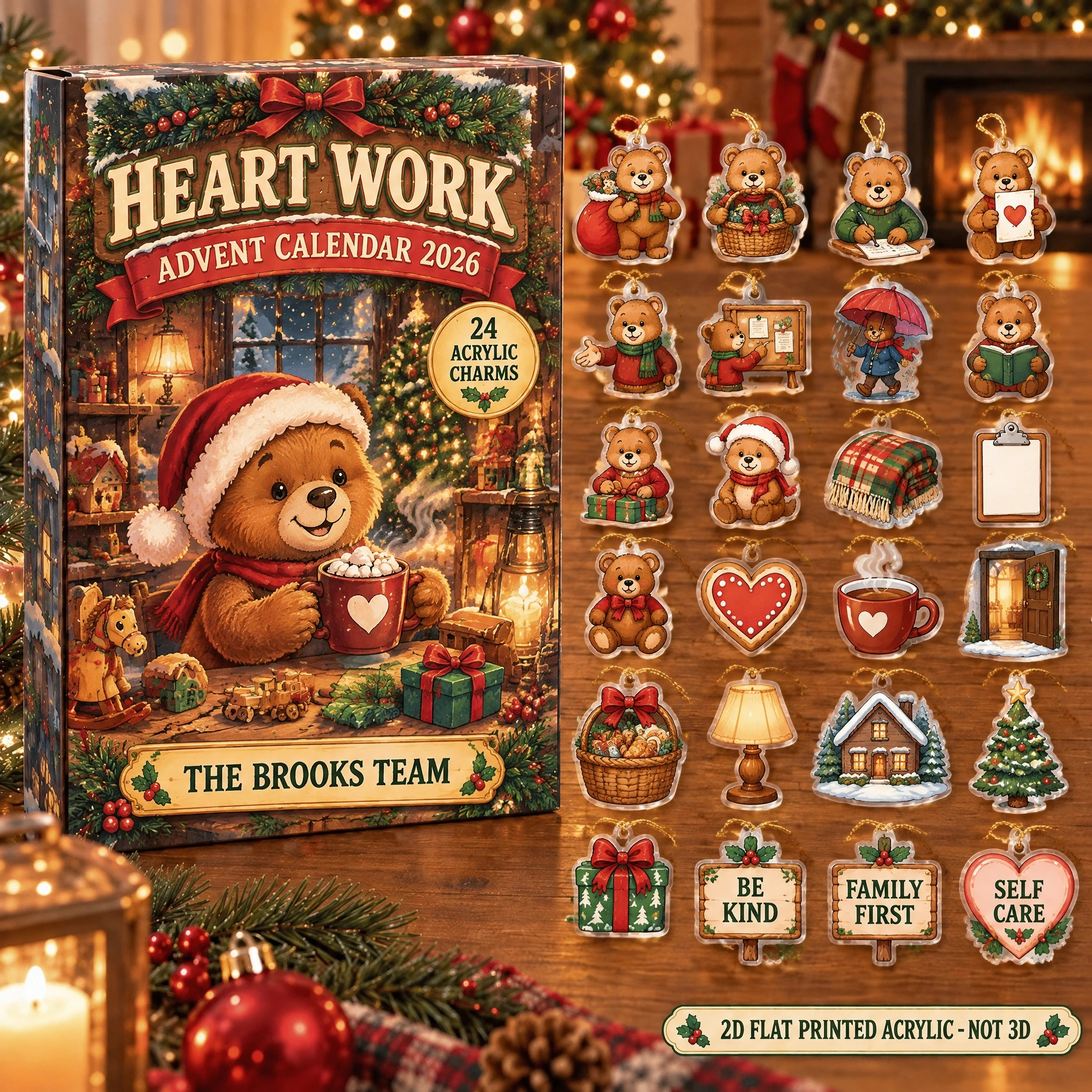 Personalized Social Worker Bear advent calendar box with 24 flat acrylic Christmas charms