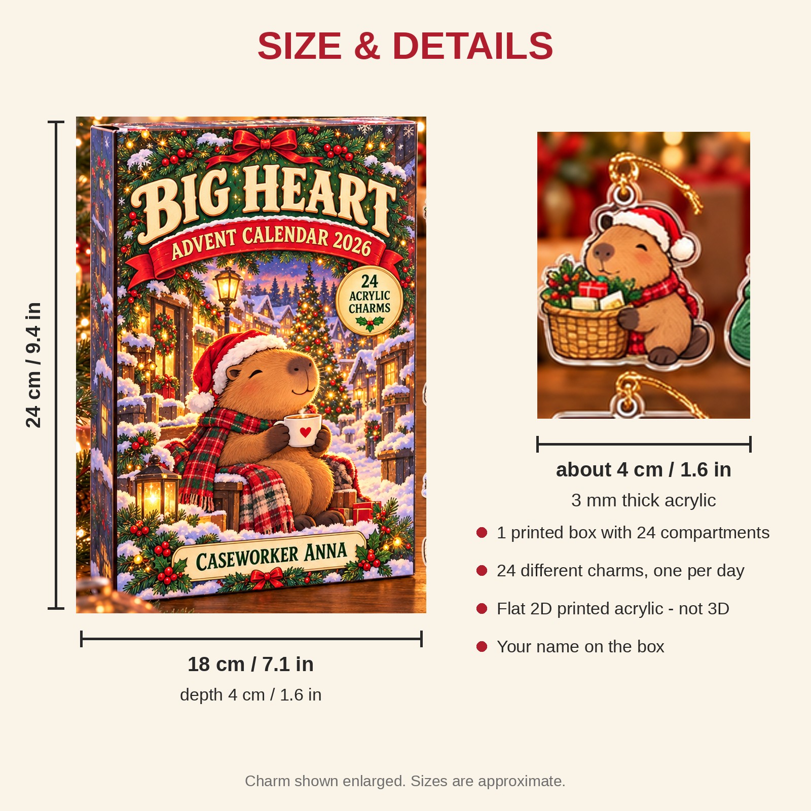 Personalized Social Worker Capybara advent calendar box with 24 flat acrylic Christmas charms: box and charm sizes