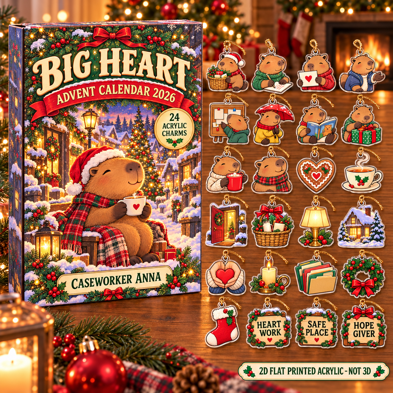 Personalized Social Worker Capybara advent calendar box with 24 flat acrylic Christmas charms