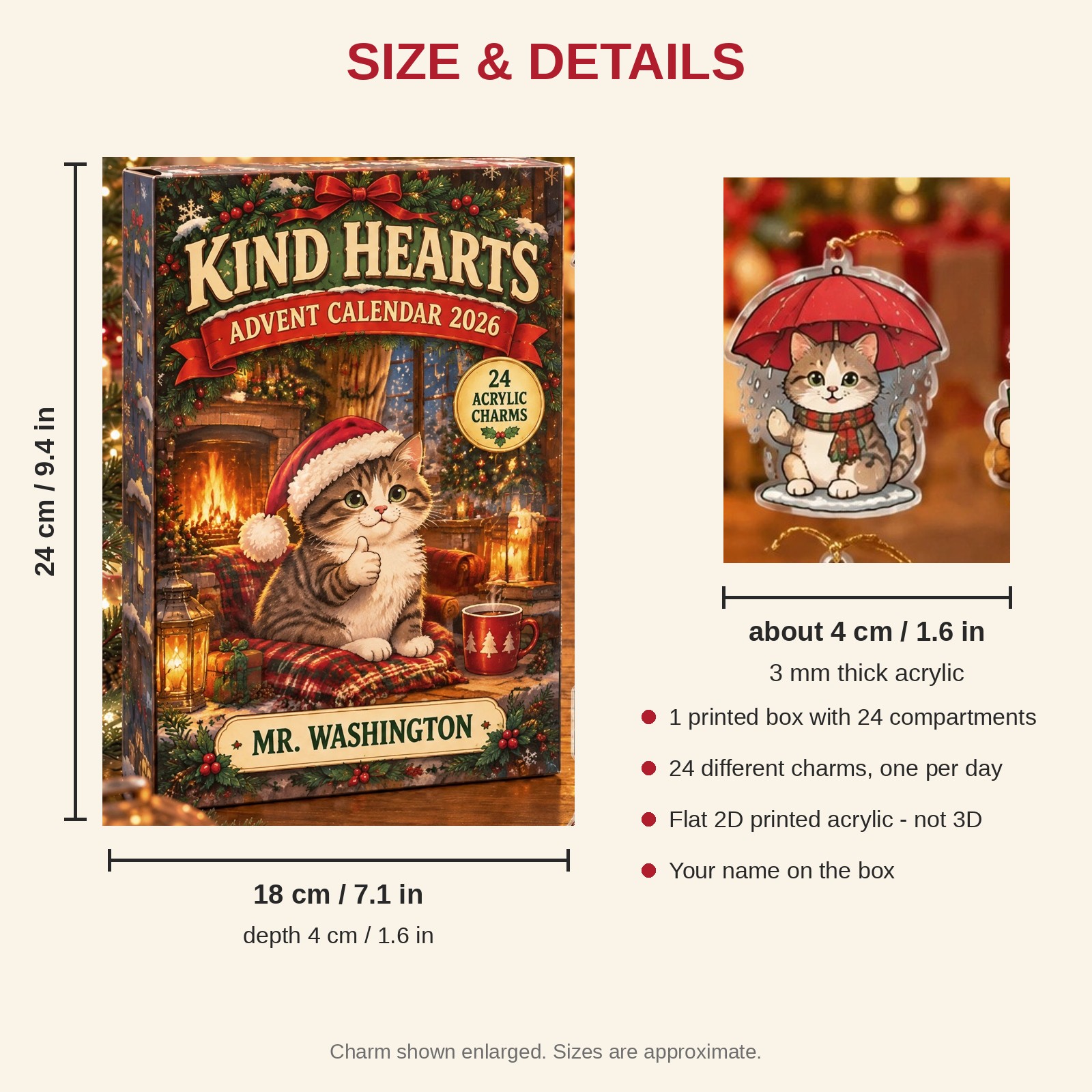 Personalized Social Worker Cat advent calendar box with 24 flat acrylic Christmas charms: box and charm sizes