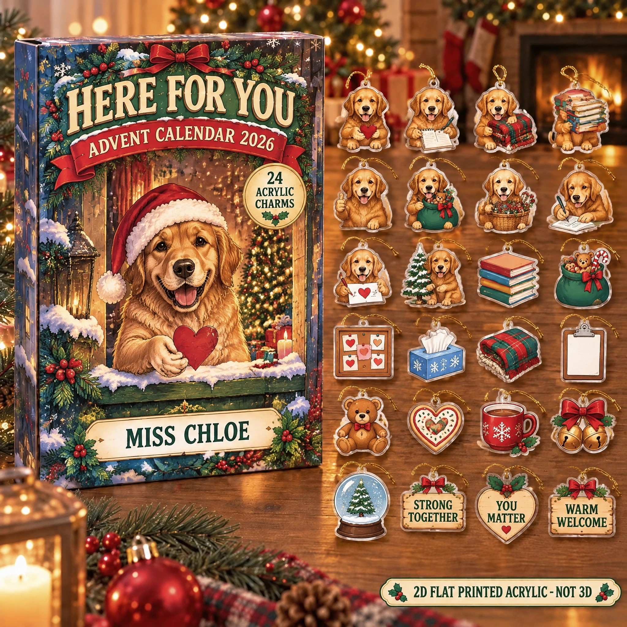 Personalized Social Worker Dog advent calendar box with 24 flat acrylic Christmas charms