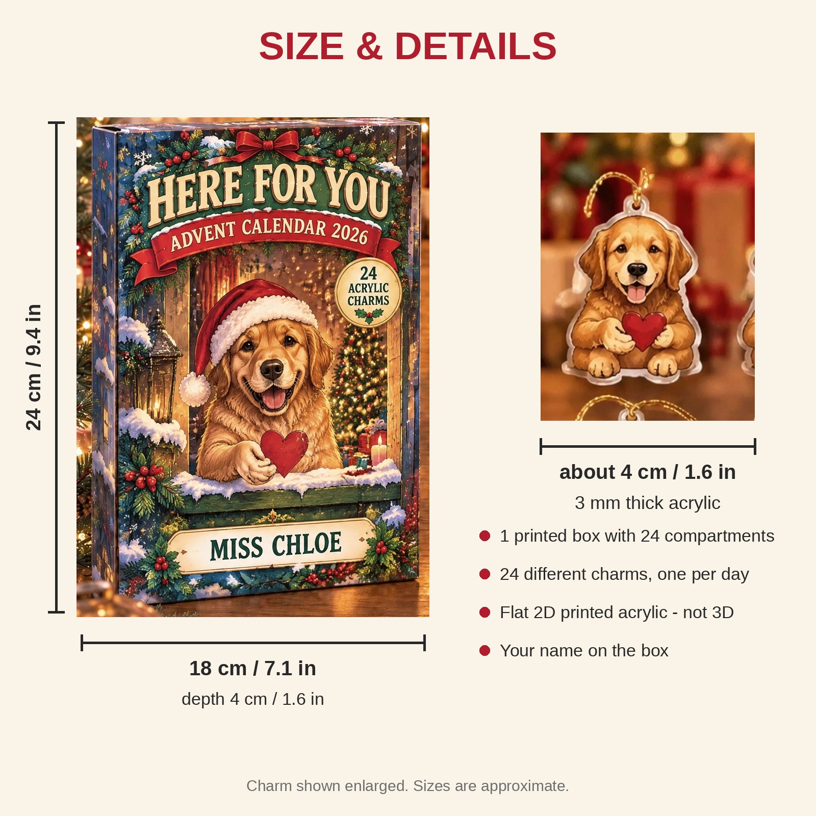 Personalized Social Worker Dog advent calendar box with 24 flat acrylic Christmas charms: box and charm sizes