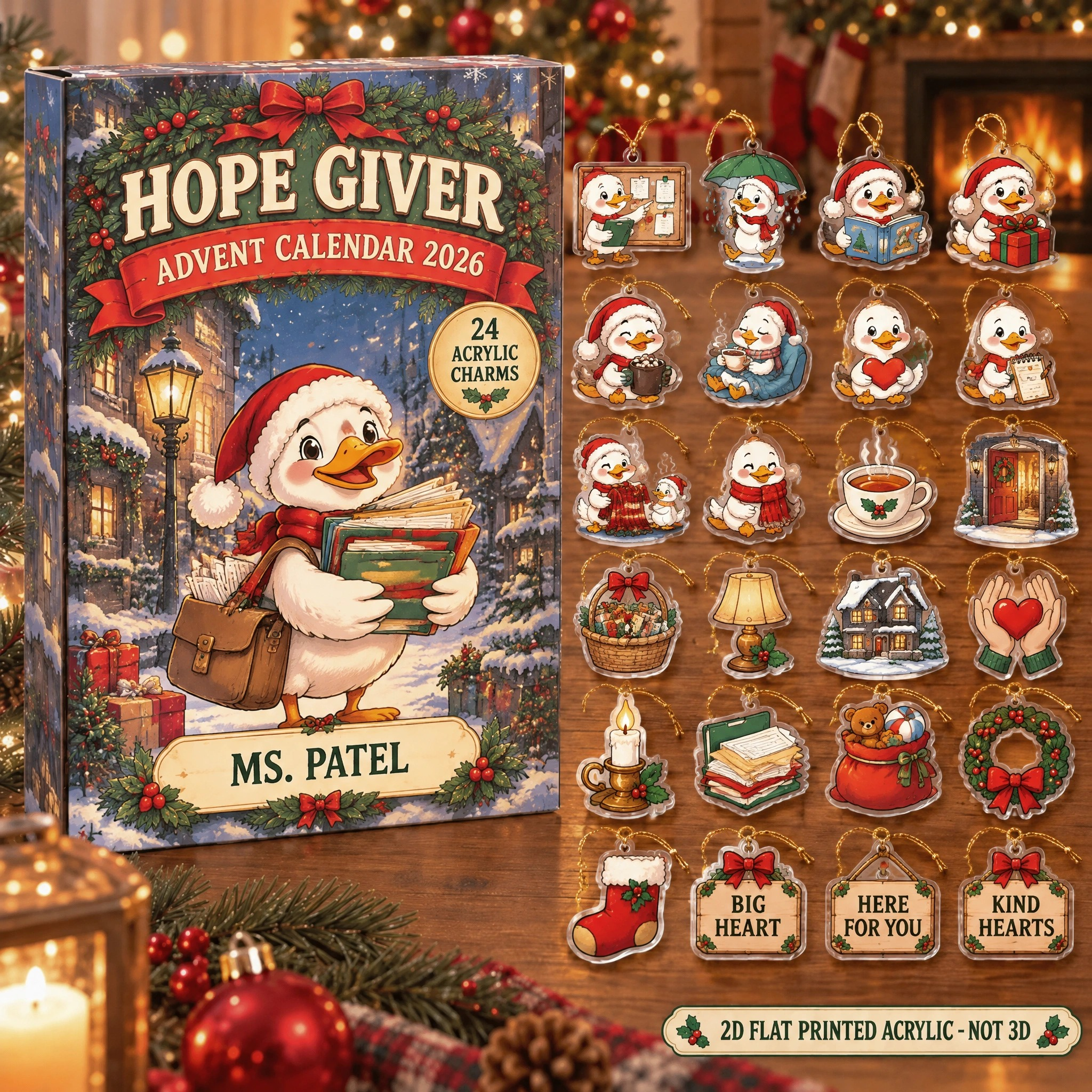 Personalized Social Worker Duck advent calendar box with 24 flat acrylic Christmas charms