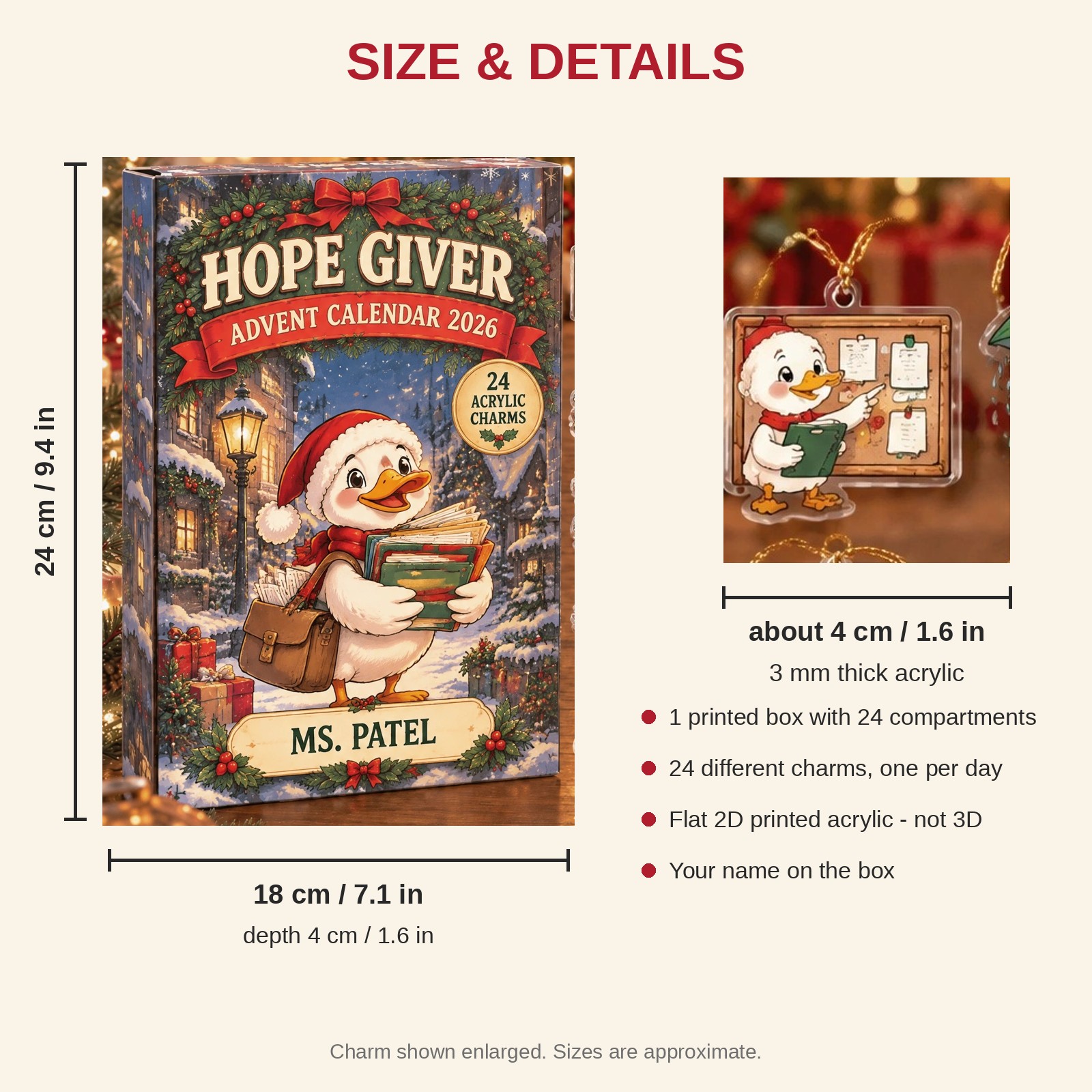 Personalized Social Worker Duck advent calendar box with 24 flat acrylic Christmas charms: box and charm sizes