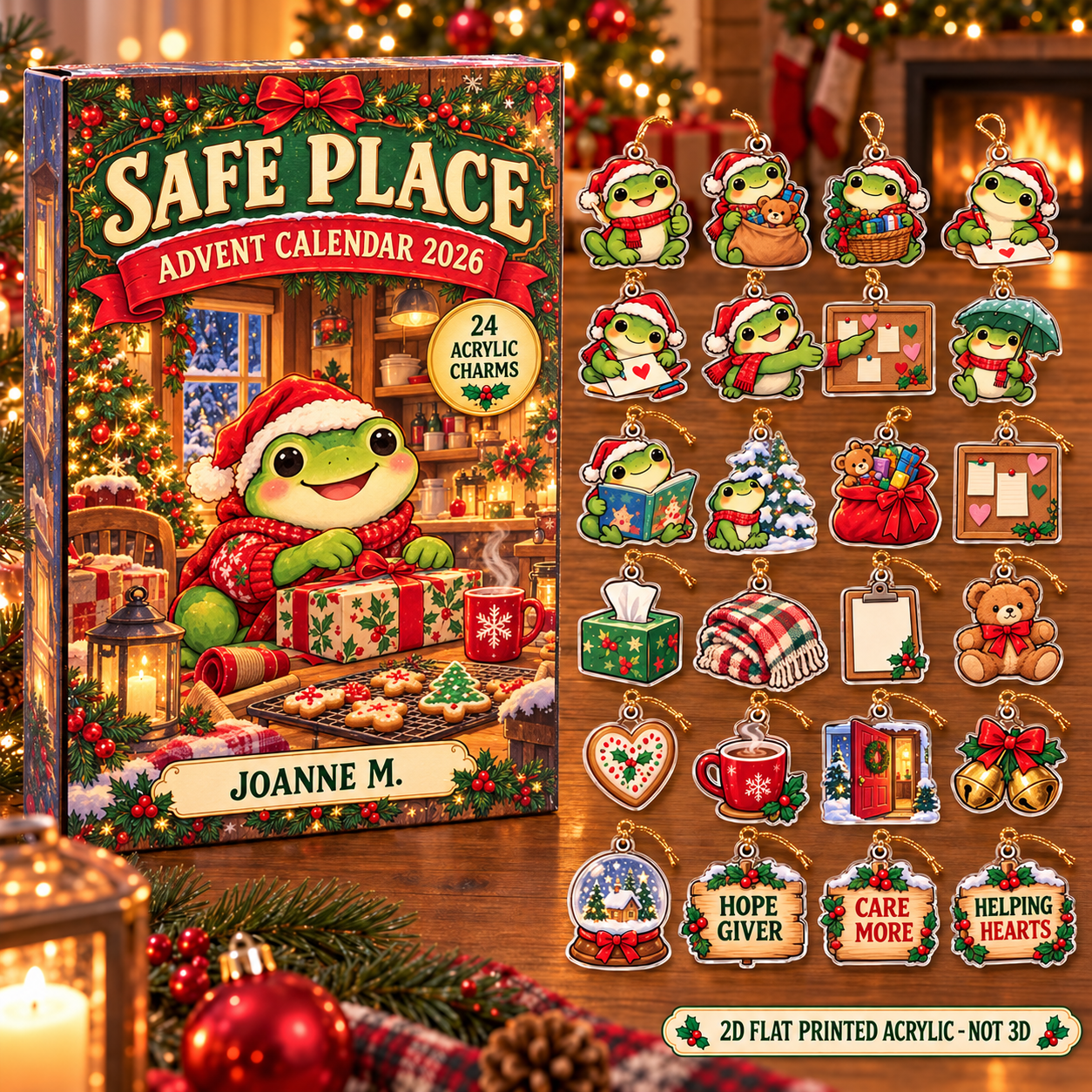 Personalized Social Worker Frog advent calendar box with 24 flat acrylic Christmas charms