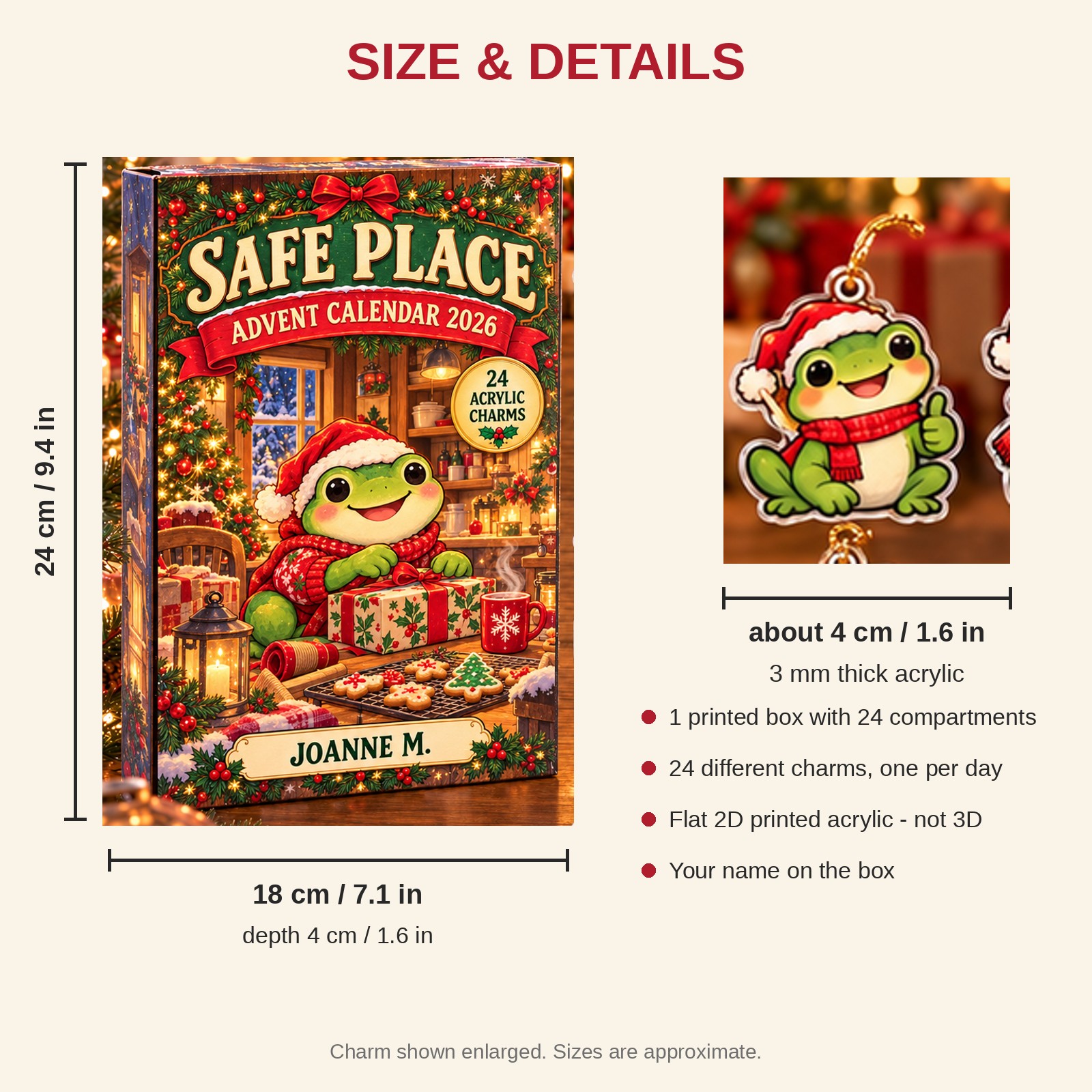 Personalized Social Worker Frog advent calendar box with 24 flat acrylic Christmas charms: box and charm sizes
