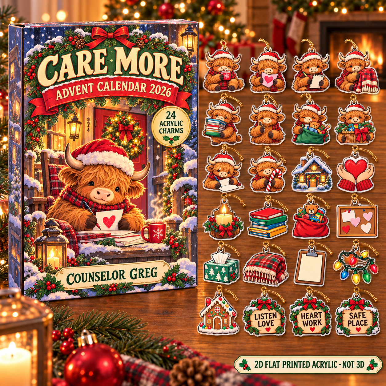 Personalized Social Worker Highland Cow advent calendar box with 24 flat acrylic Christmas charms