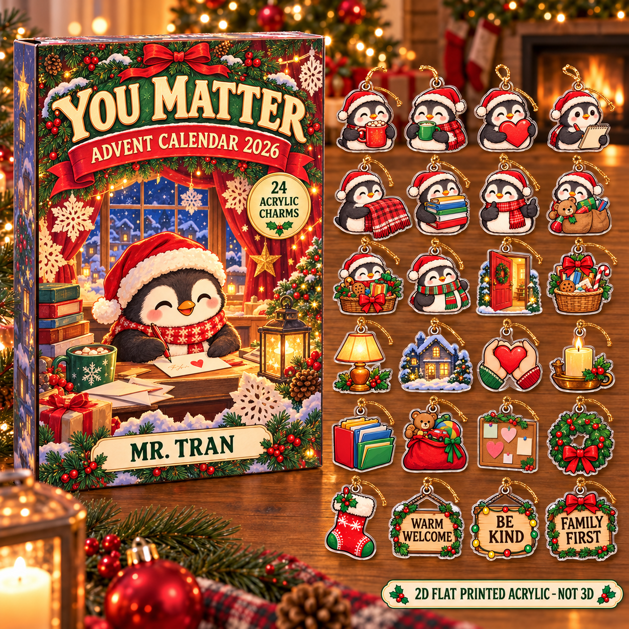 Personalized Social Worker Penguin advent calendar box with 24 flat acrylic Christmas charms