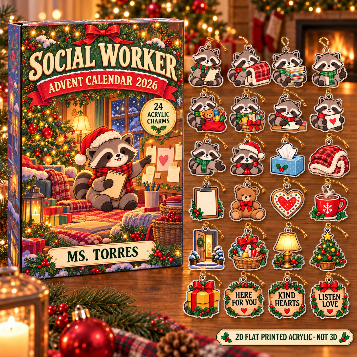 Personalized Social Worker Raccoon advent calendar box with 24 flat acrylic Christmas charms