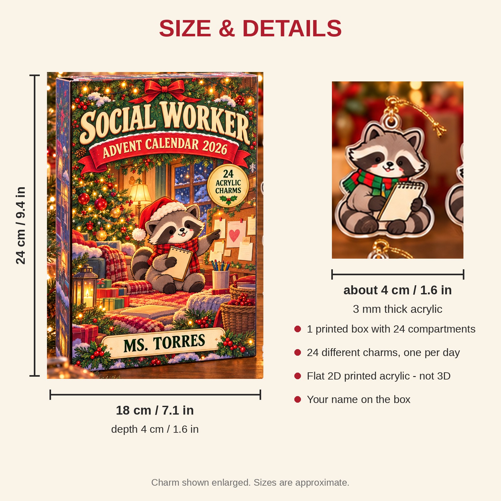 Personalized Social Worker Raccoon advent calendar box with 24 flat acrylic Christmas charms: box and charm sizes