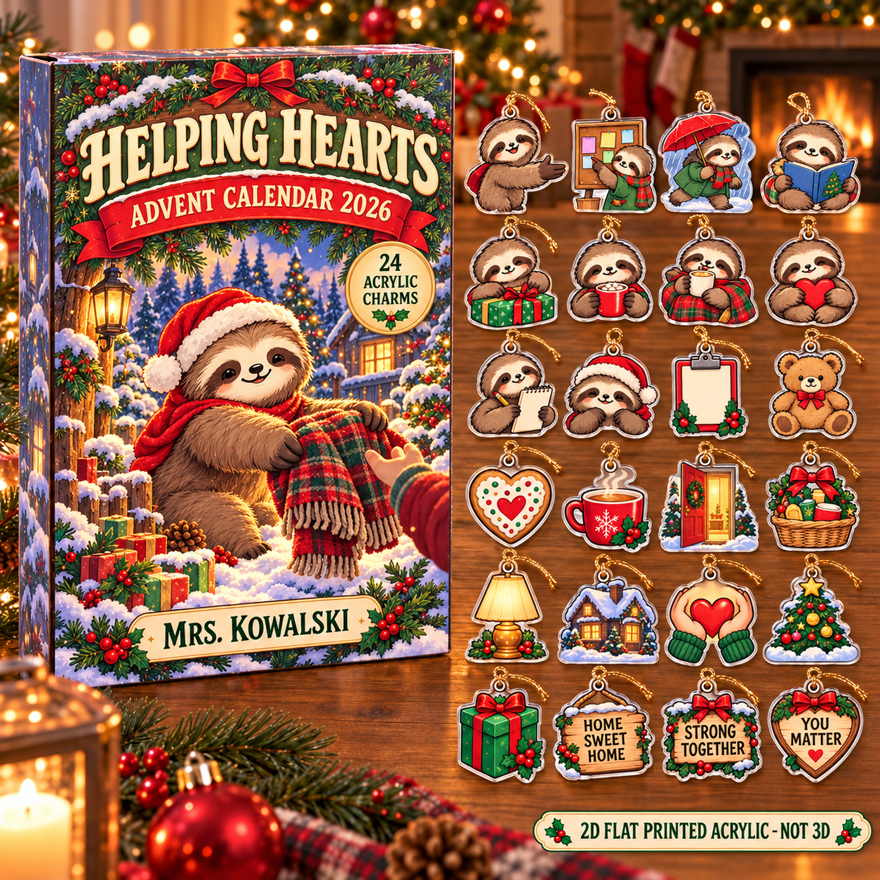 Personalized Social Worker Sloth advent calendar box with 24 flat acrylic Christmas charms