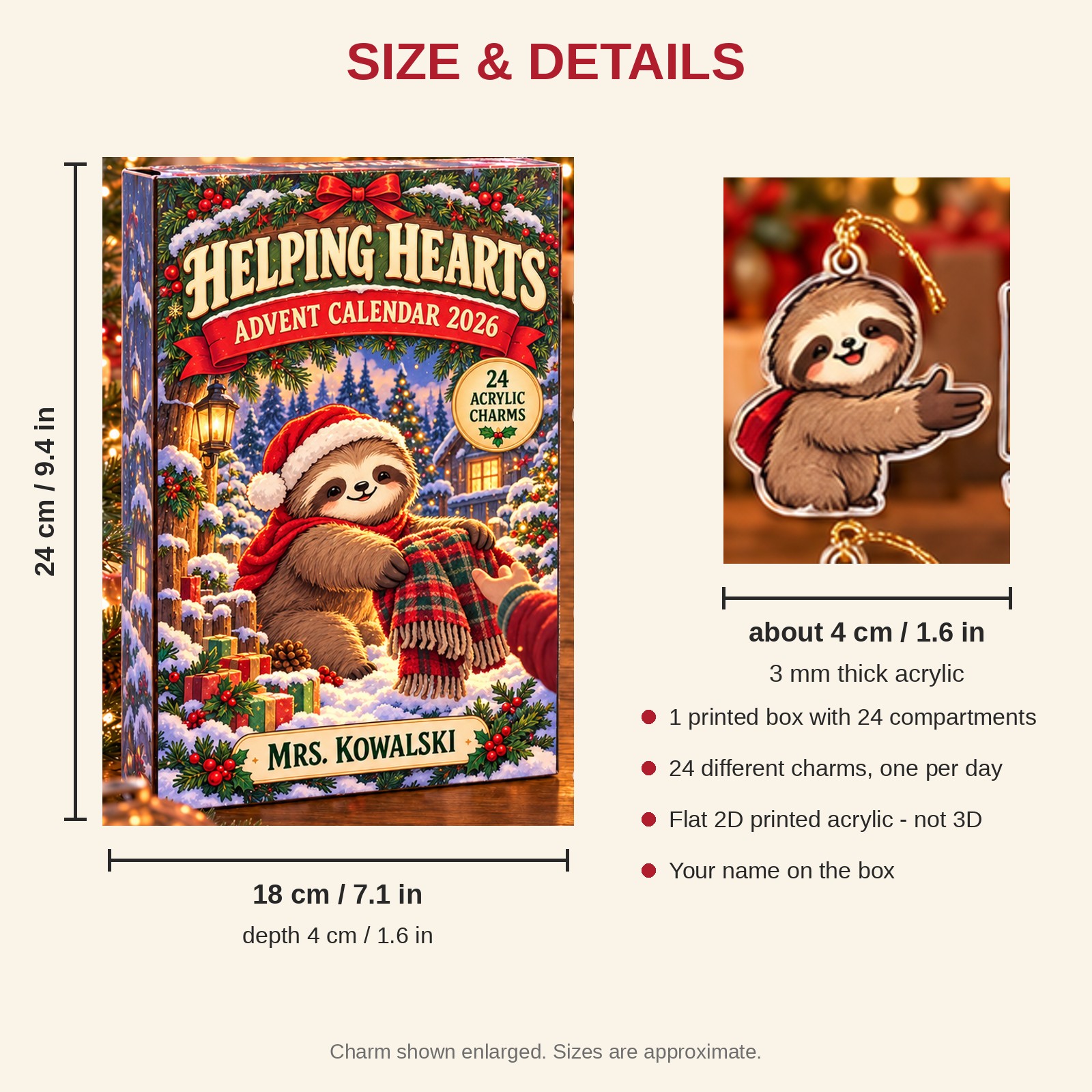 Personalized Social Worker Sloth advent calendar box with 24 flat acrylic Christmas charms: box and charm sizes