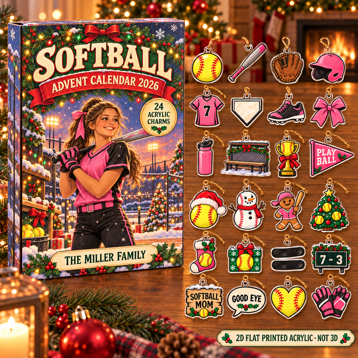 Personalized softball advent calendar box with 24 flat acrylic Christmas charms
