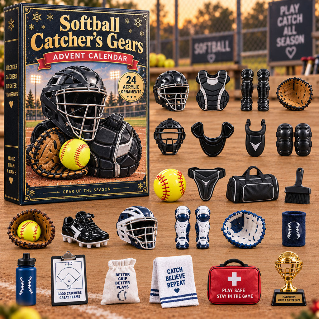 Softball Catcher Gears advent calendar box with 24 acrylic Christmas charms