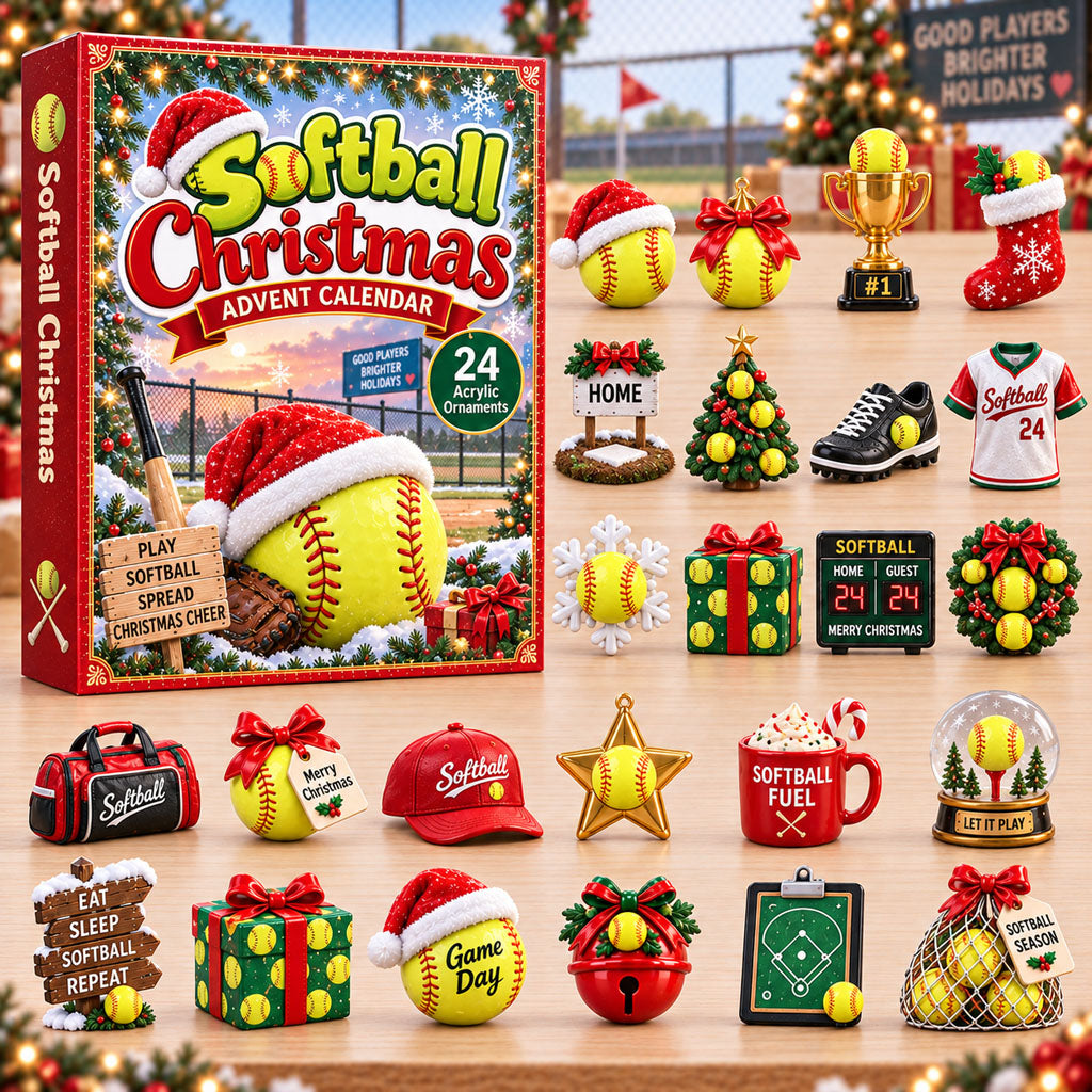 Softball Christmas advent calendar box with 24 acrylic Christmas charms