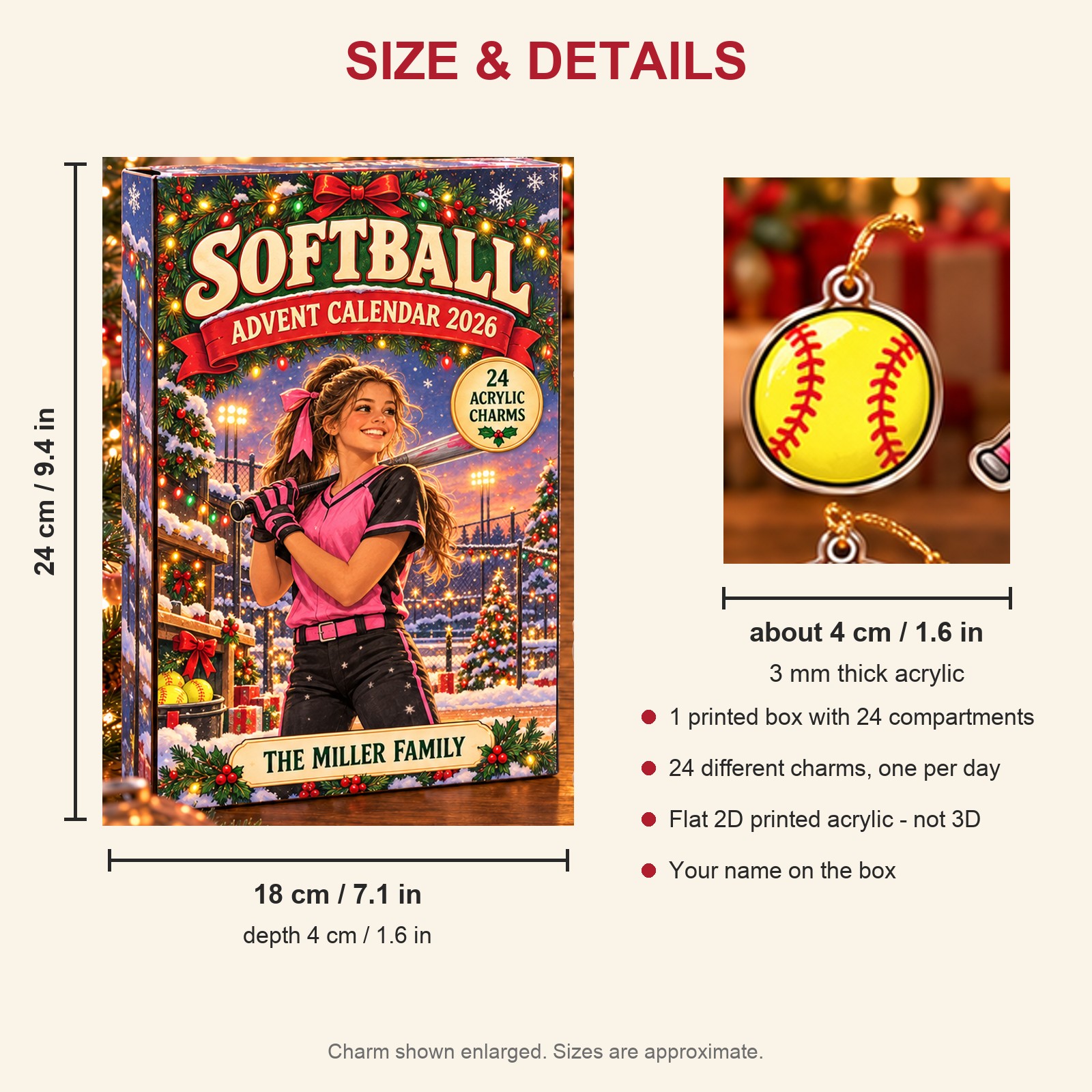 Personalized softball advent calendar box with 24 flat acrylic Christmas charms: box and charm sizes