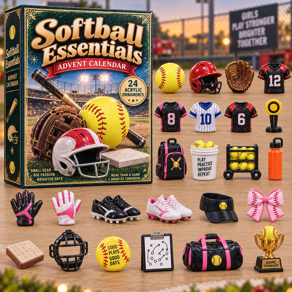 Softball Essentials advent calendar box with 24 acrylic Christmas charms