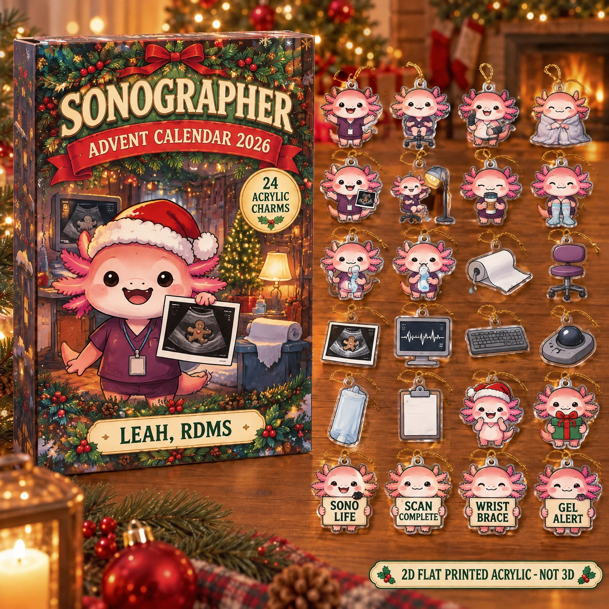 Personalized Sonographer Axolotl advent calendar box with 24 flat acrylic Christmas charms