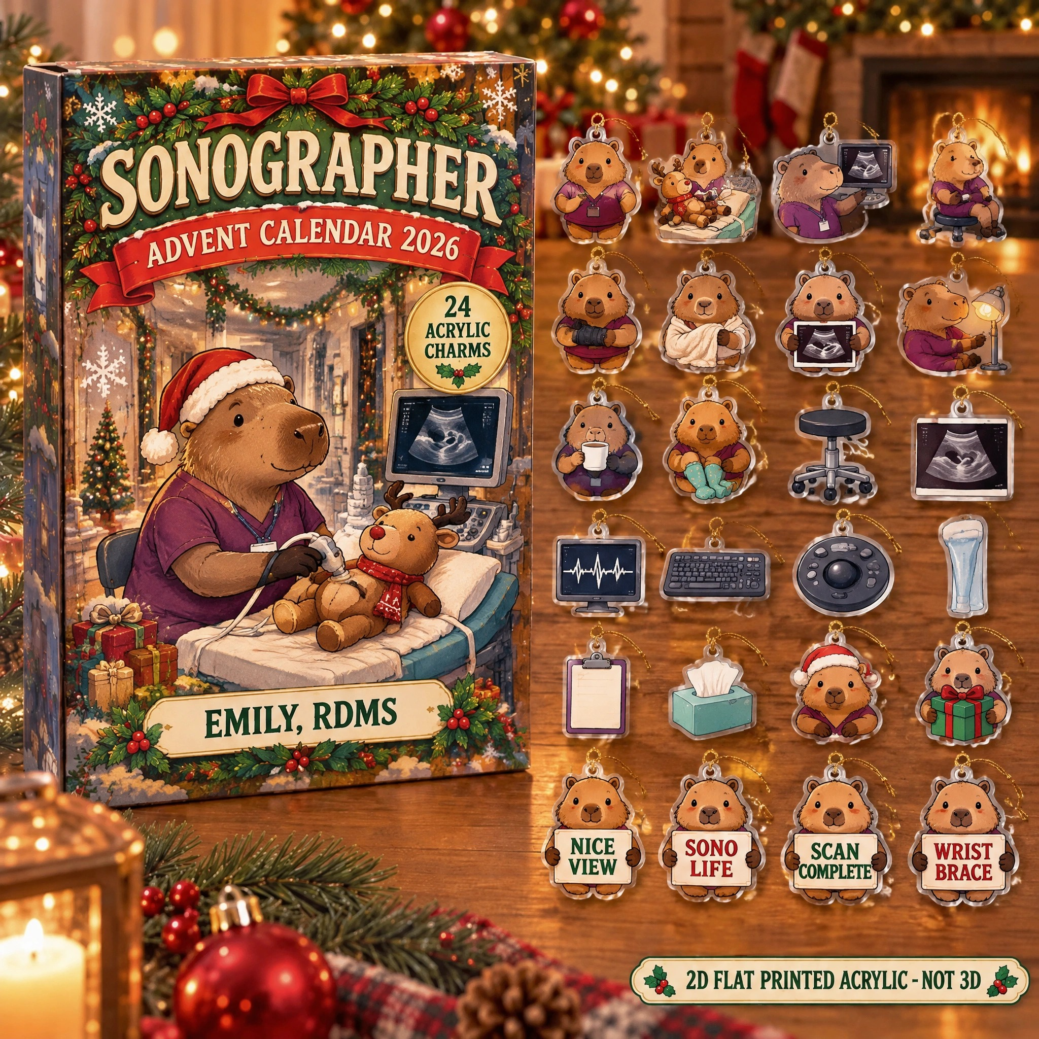 Personalized Sonographer Capybara advent calendar box with 24 flat acrylic Christmas charms