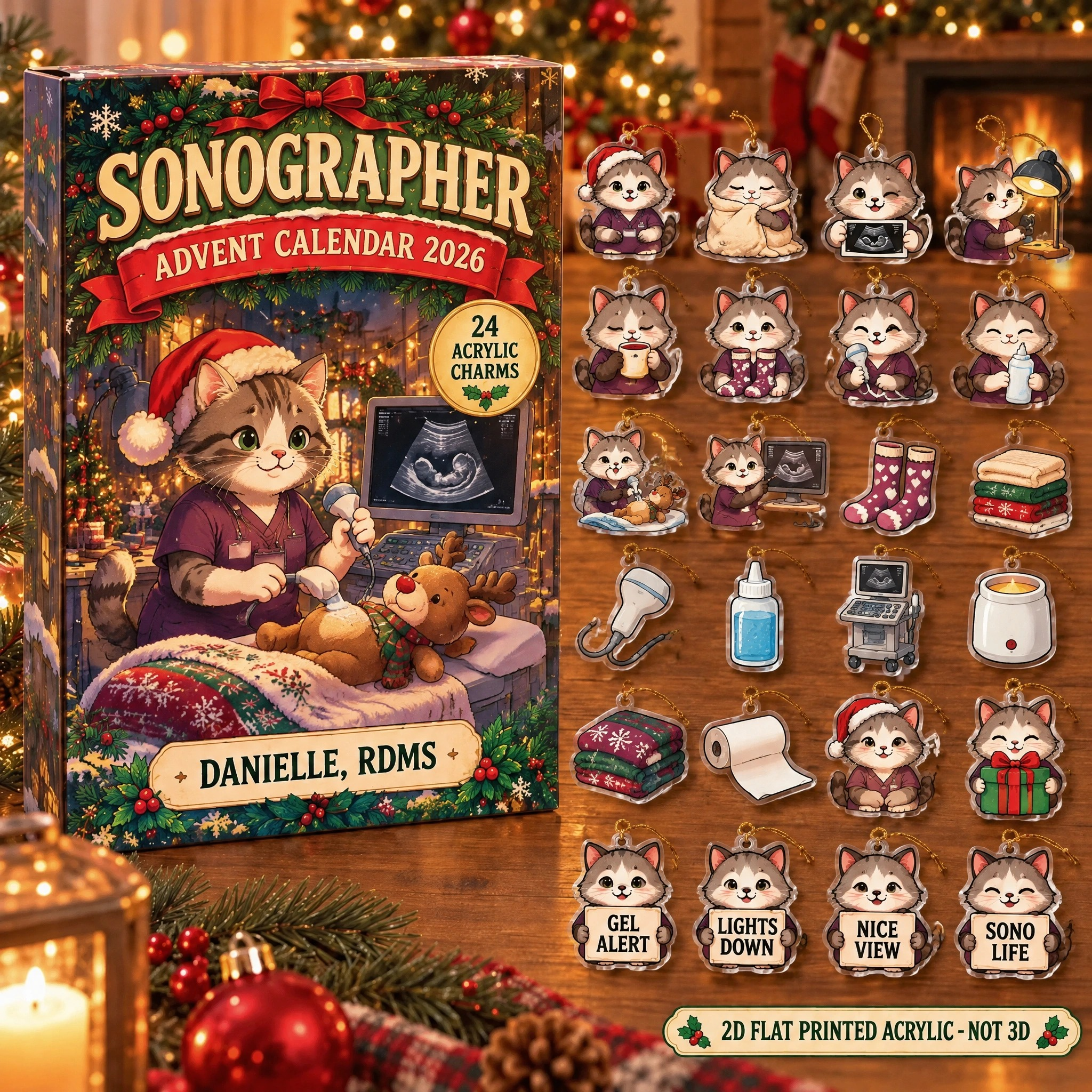 Personalized Sonographer Cat advent calendar box with 24 flat acrylic Christmas charms