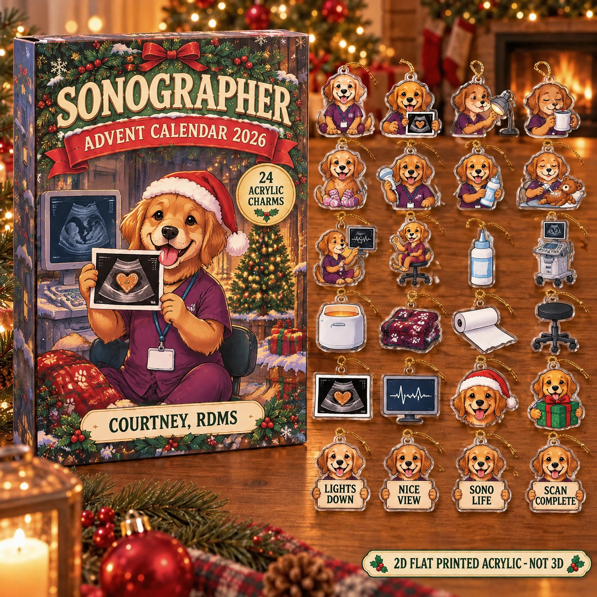 Personalized Sonographer Dog advent calendar box with 24 flat acrylic Christmas charms
