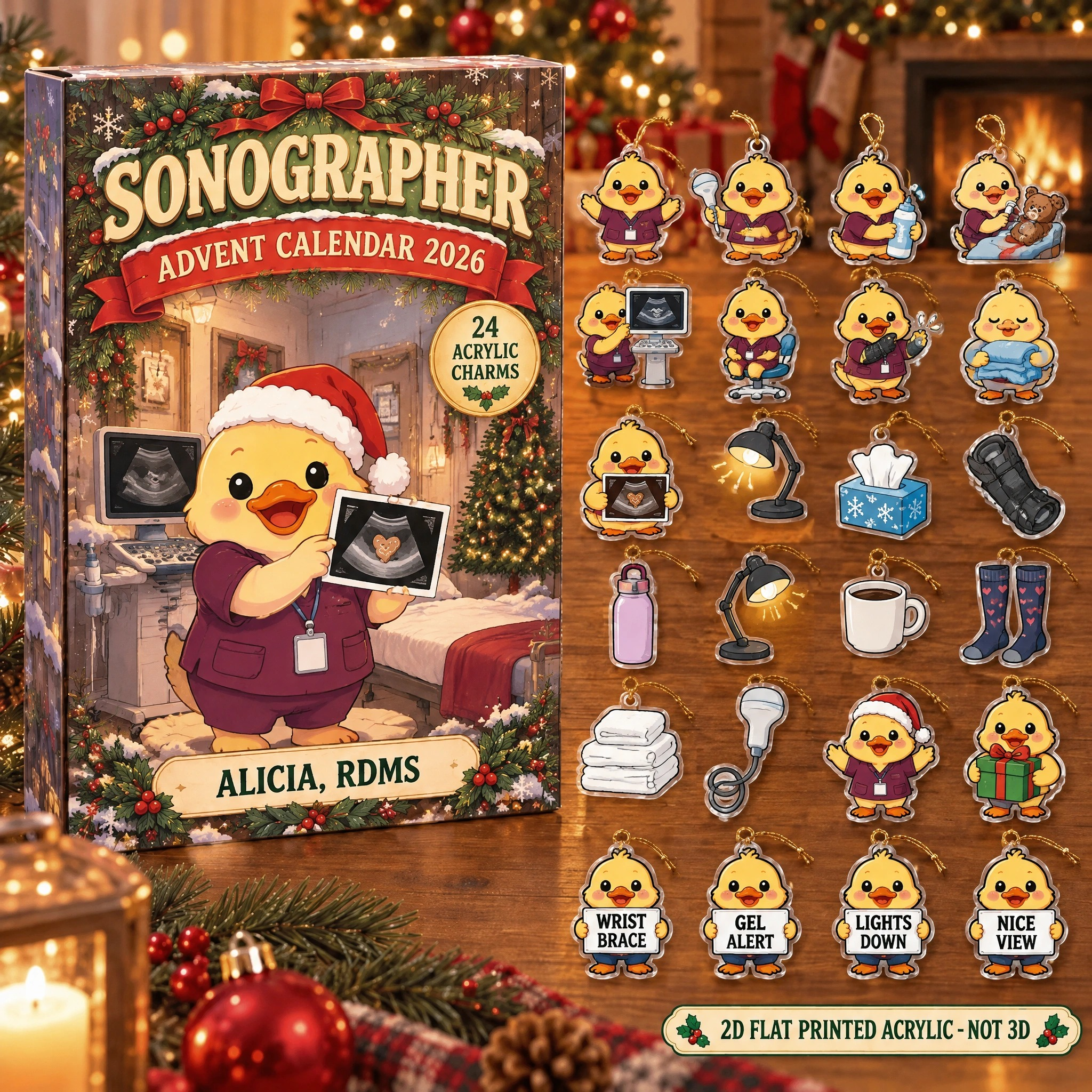 Personalized Sonographer Duck advent calendar box with 24 flat acrylic Christmas charms