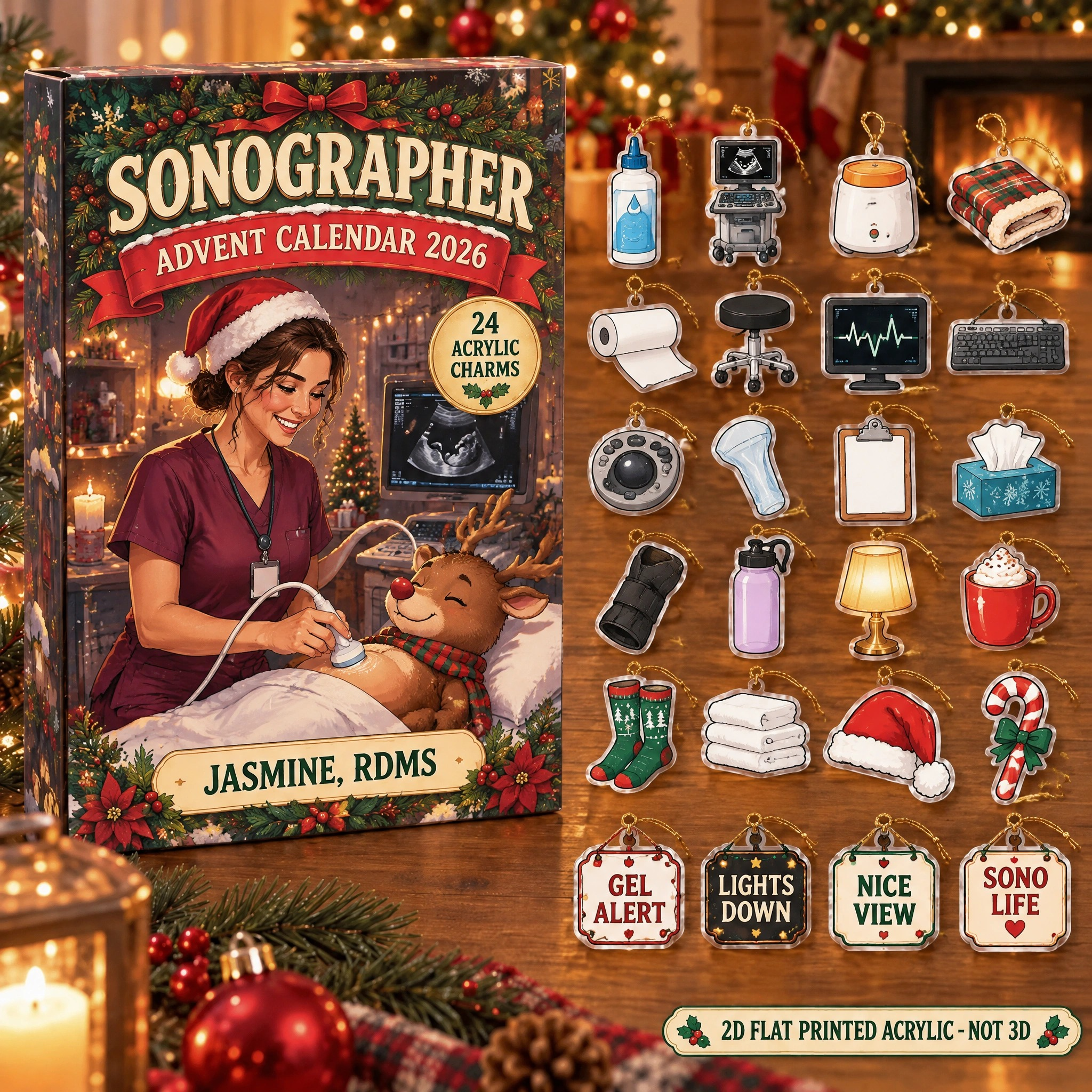 Personalized Sonographer Essentials advent calendar box with 24 flat acrylic Christmas charms