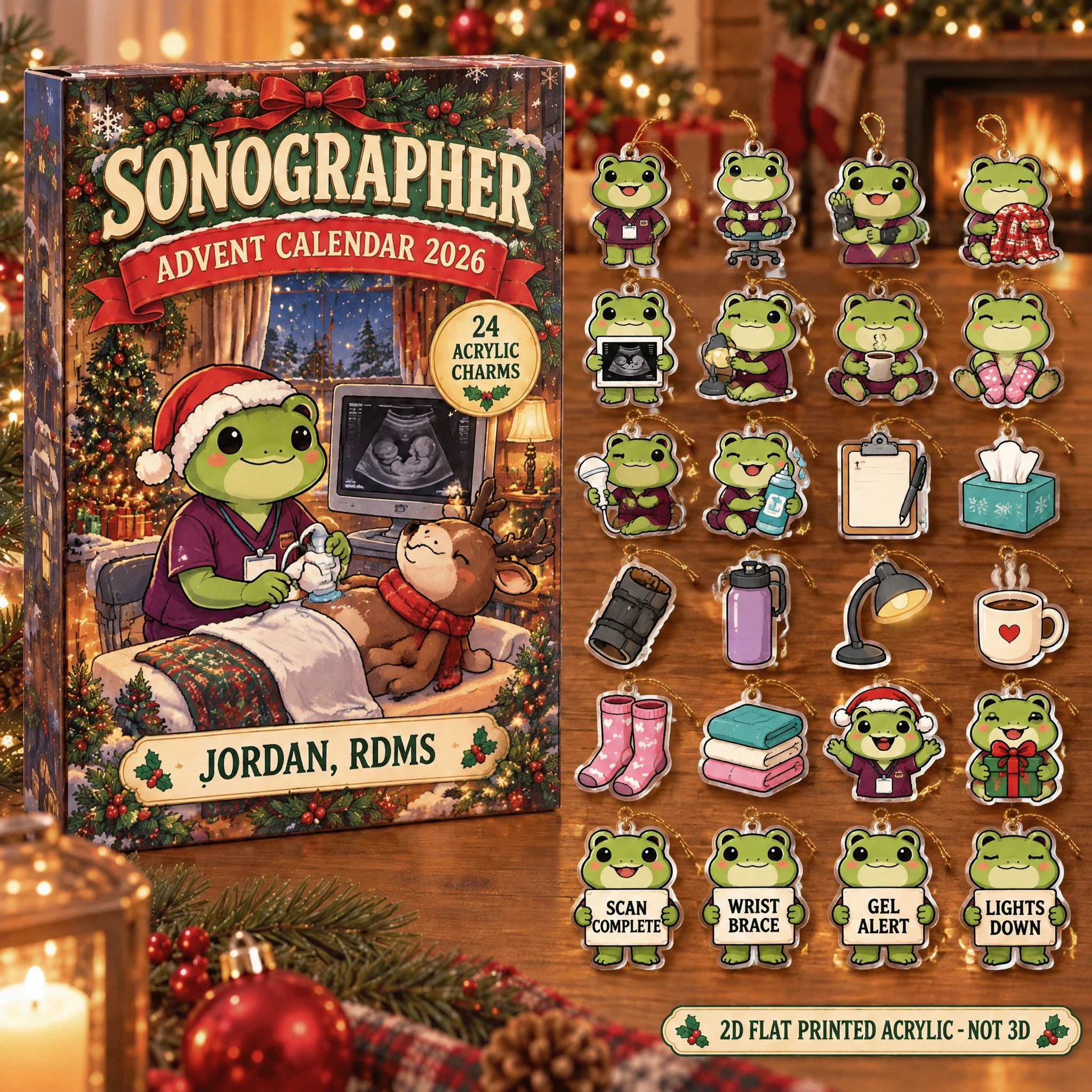 Personalized Sonographer Frog advent calendar box with 24 flat acrylic Christmas charms