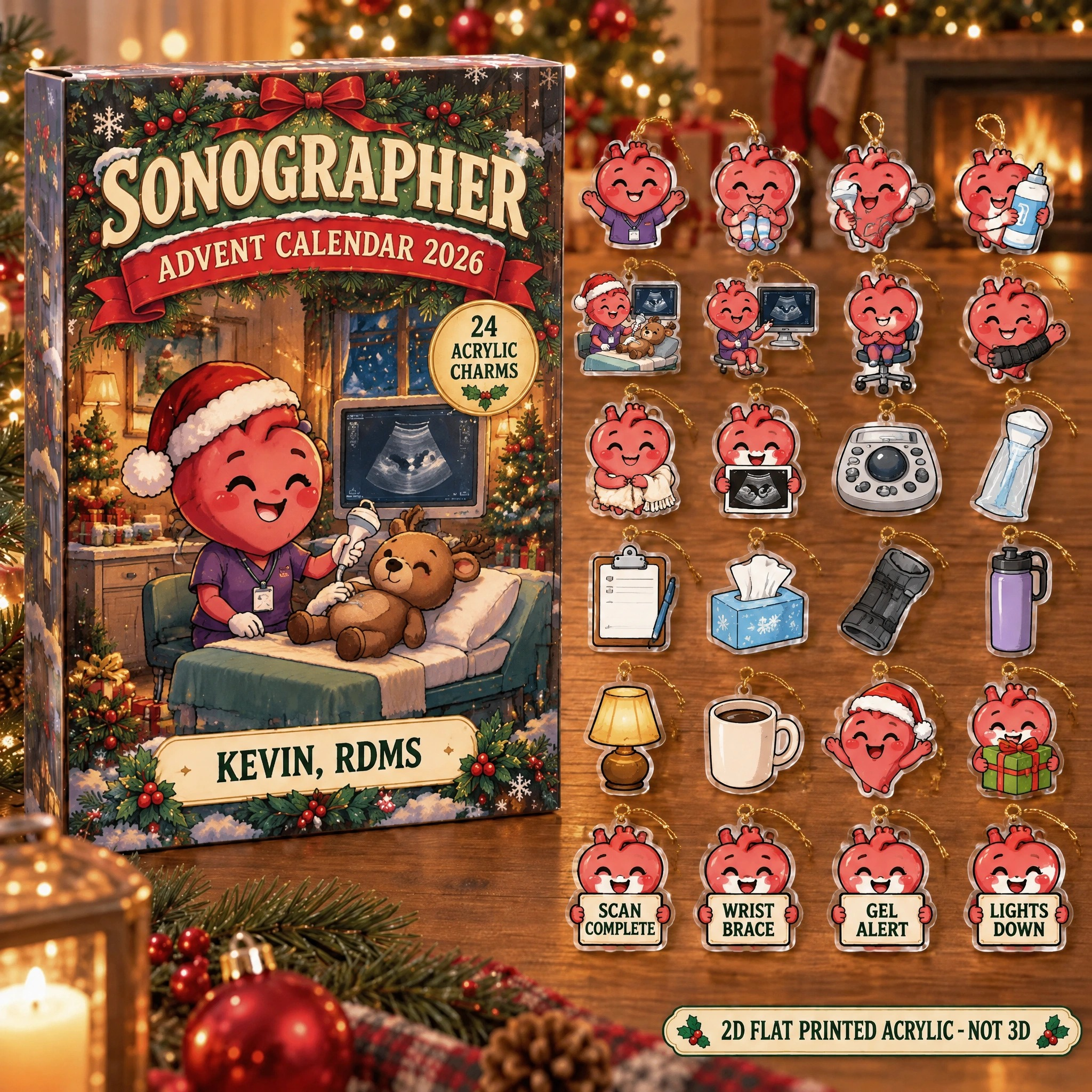 Personalized Funny Anatomy Sonographer advent calendar box with 24 flat acrylic Christmas charms