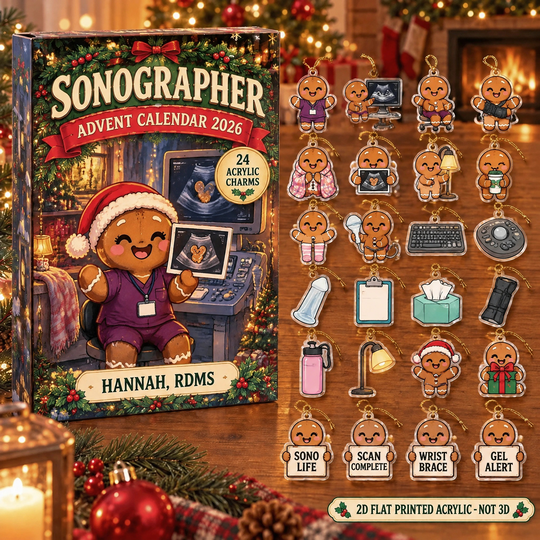 Personalized Gingerbread Sonographer advent calendar box with 24 flat acrylic Christmas charms