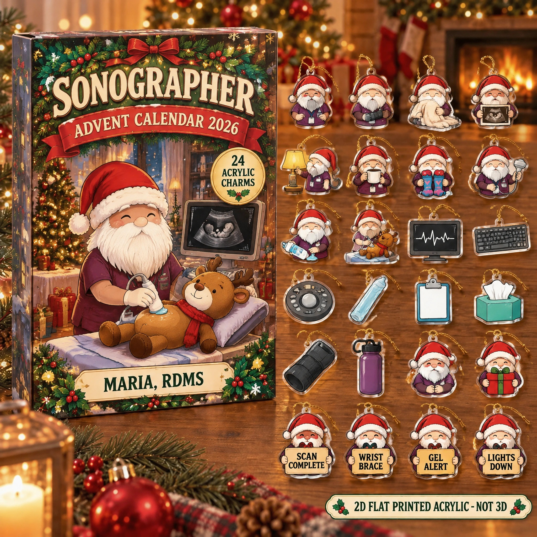 Personalized Sonographer Gnome advent calendar box with 24 flat acrylic Christmas charms