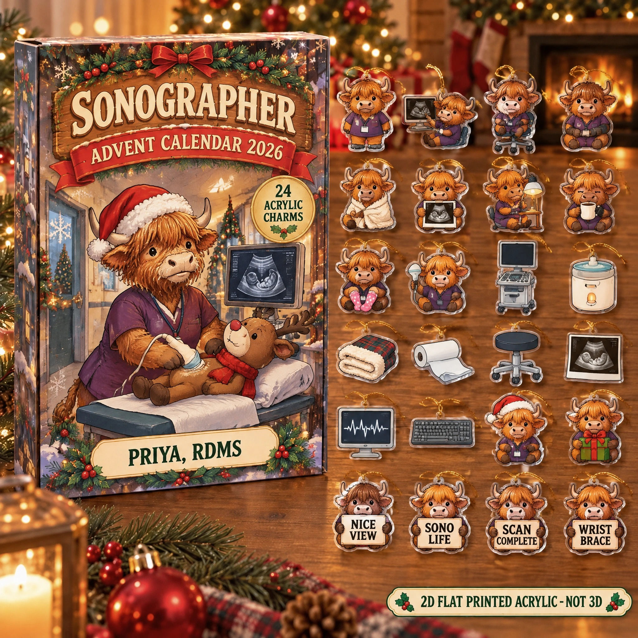 Personalized Sonographer Highland Cow advent calendar box with 24 flat acrylic Christmas charms