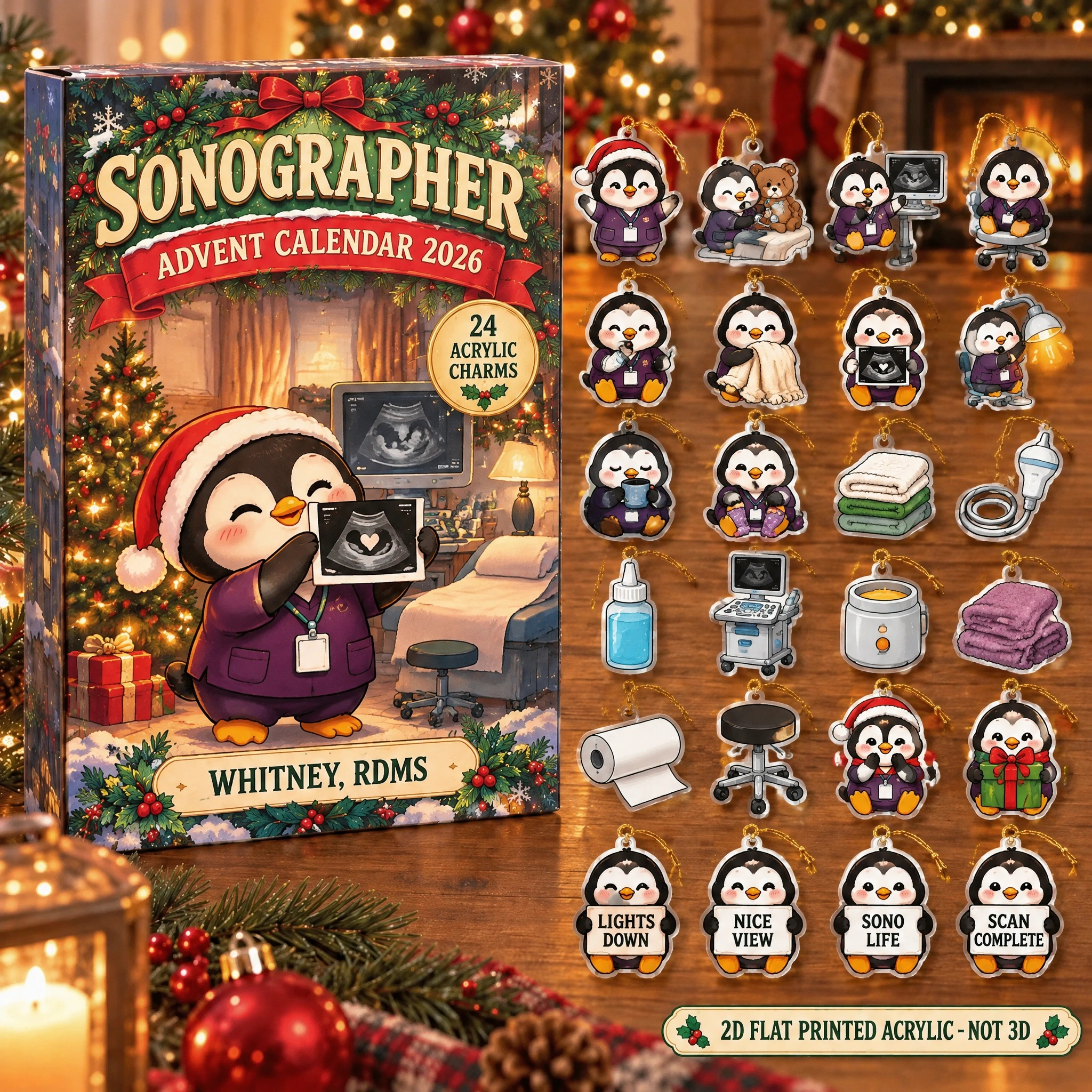 Personalized Sonographer Penguin advent calendar box with 24 flat acrylic Christmas charms