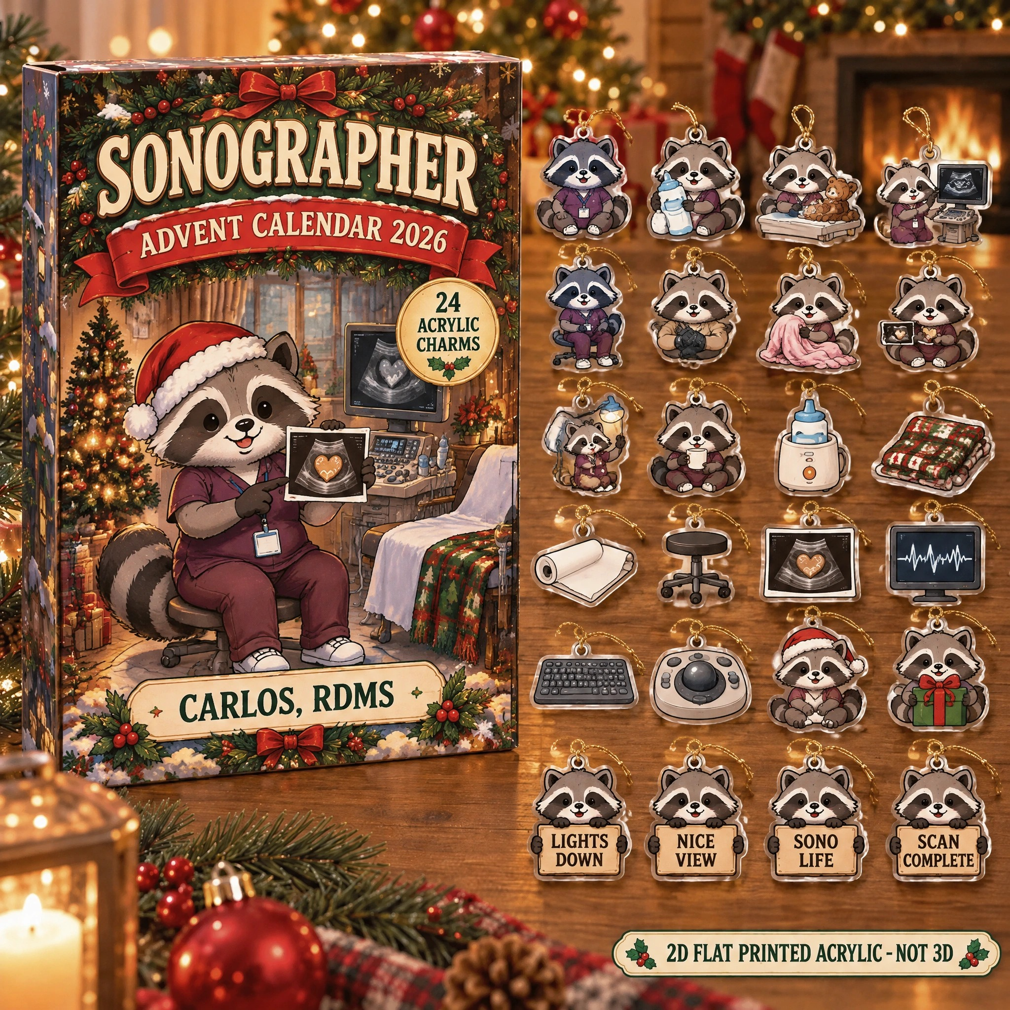 Personalized Sonographer Raccoon advent calendar box with 24 flat acrylic Christmas charms
