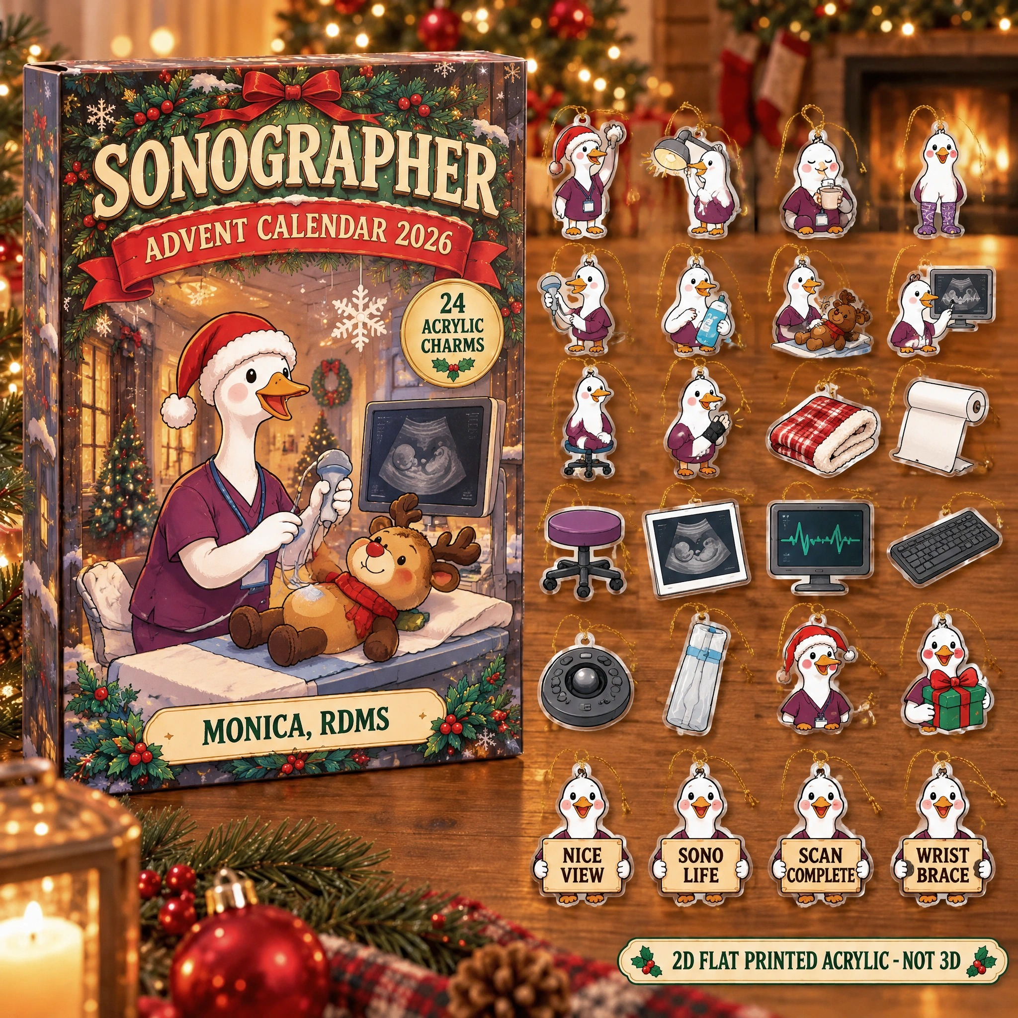 Personalized Sonographer Silly Goose advent calendar box with 24 flat acrylic Christmas charms