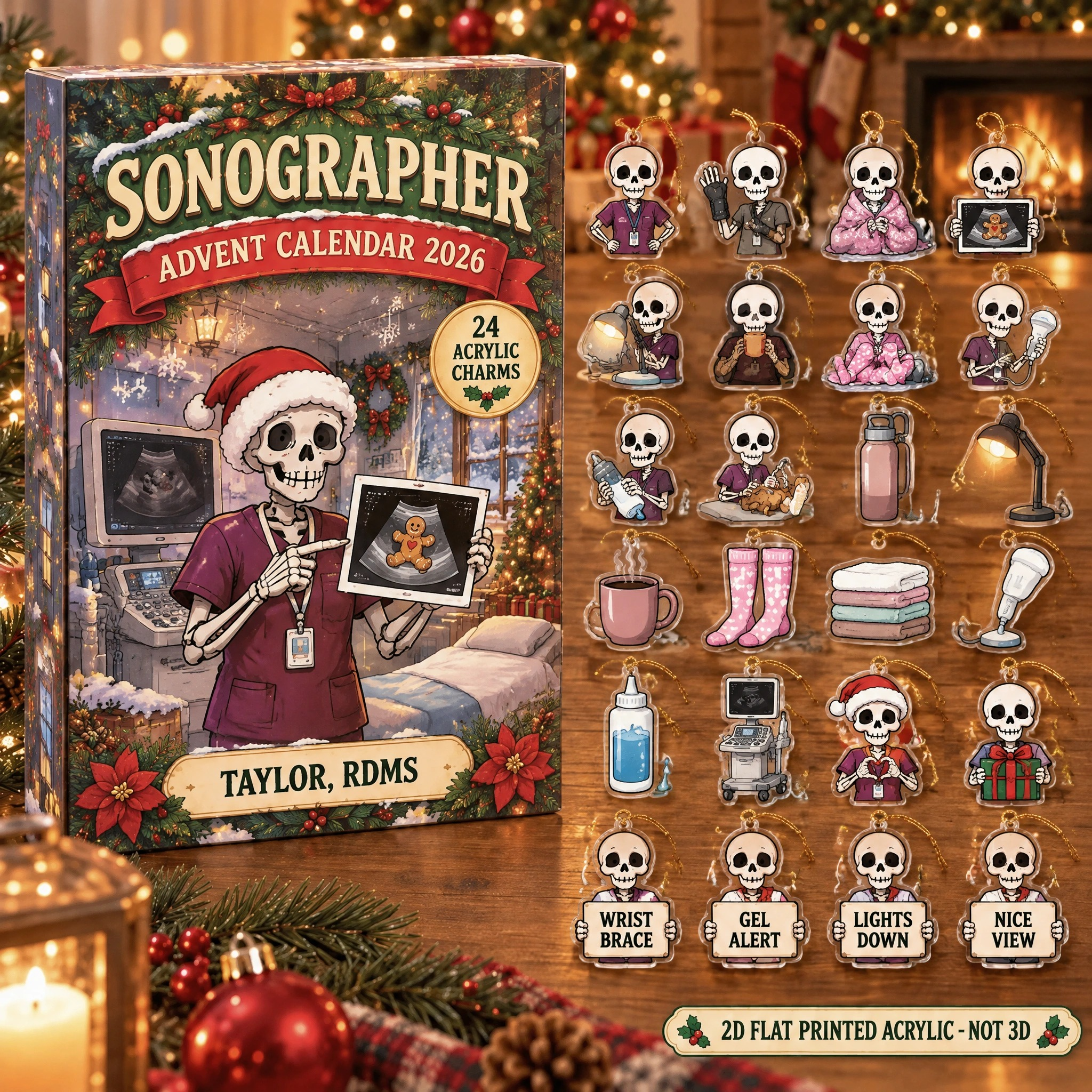 Personalized Sonographer Skeleton advent calendar box with 24 flat acrylic Christmas charms